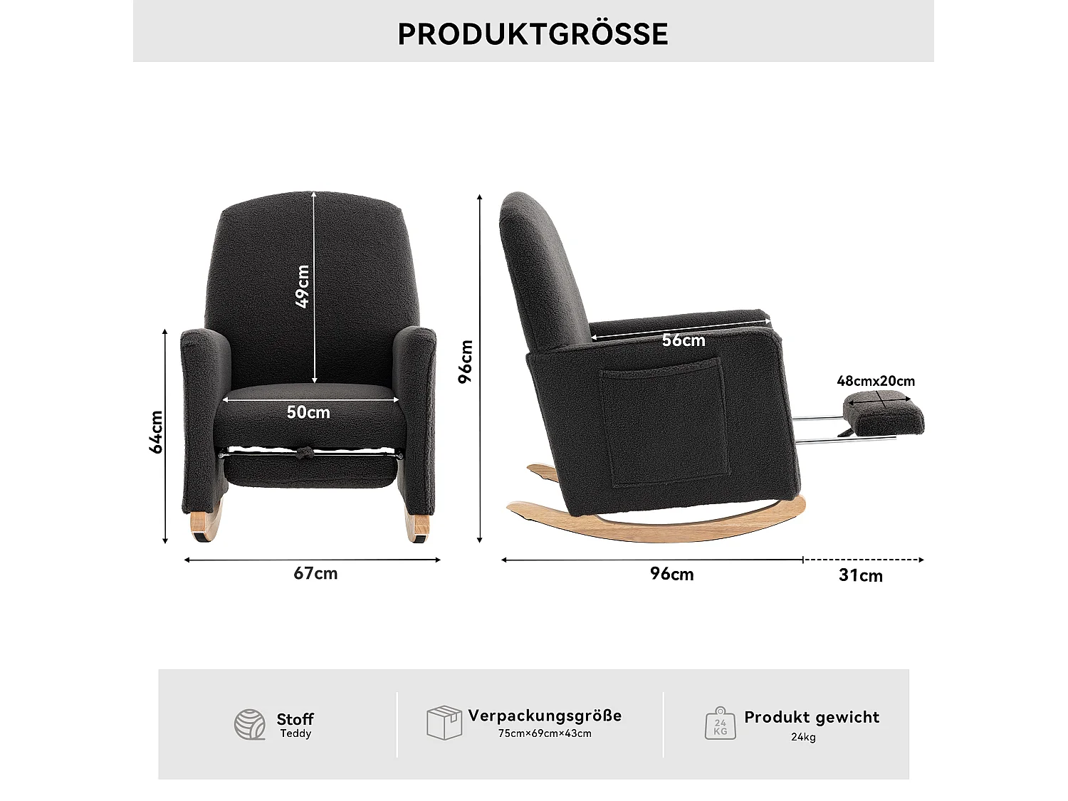 Schommelstoel met poef, Relaxfauteuil, hoge rugleuning, in donkergrijze pluche stof (67x126x98 cm)