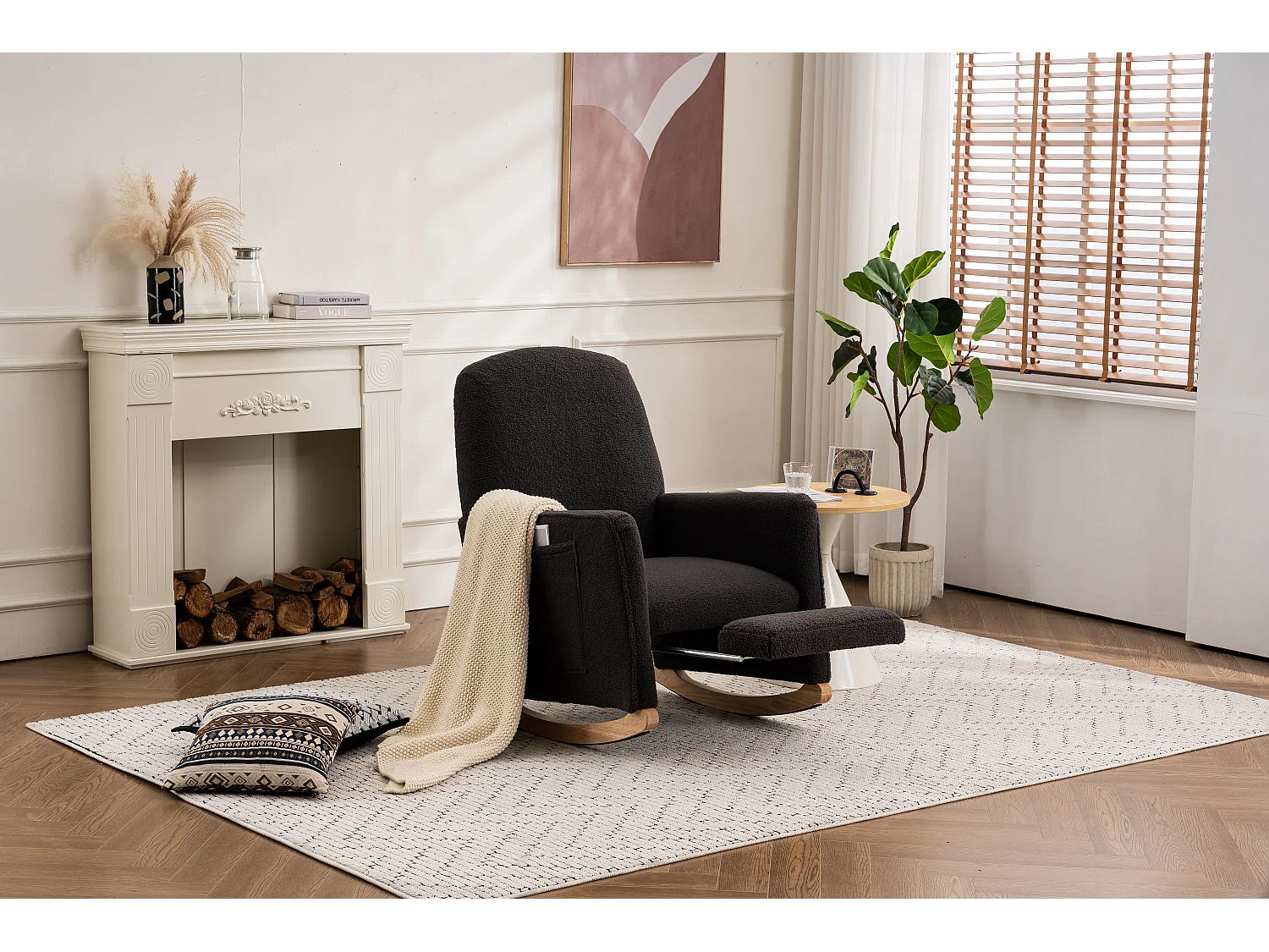 Schommelstoel met poef, Relaxfauteuil, hoge rugleuning, in donkergrijze pluche stof (67x126x98 cm)
