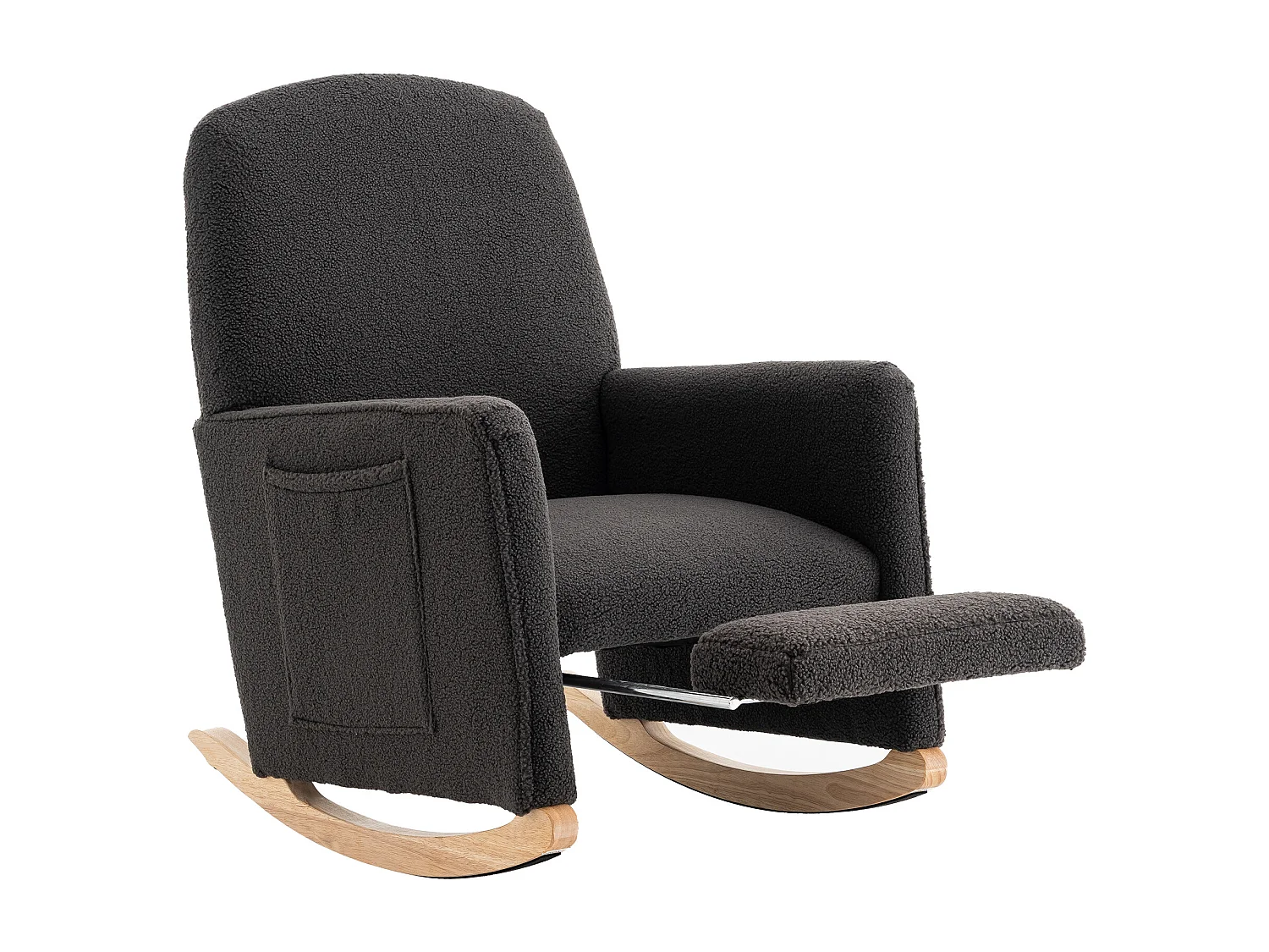 Schommelstoel met poef, Relaxfauteuil, hoge rugleuning, in donkergrijze pluche stof (67x126x98 cm)