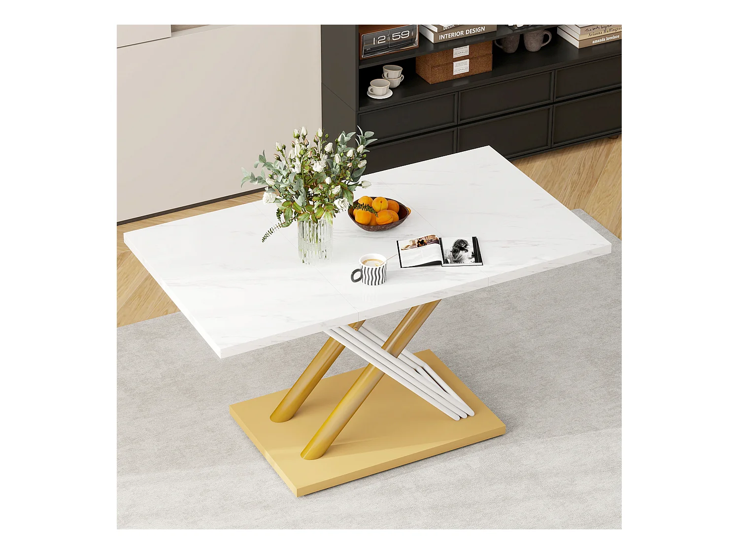Table à manger moderne effet marbre pour 4 personnes, pieds en métal X, pieds réglables, blanc et or, 140x80x75 cm