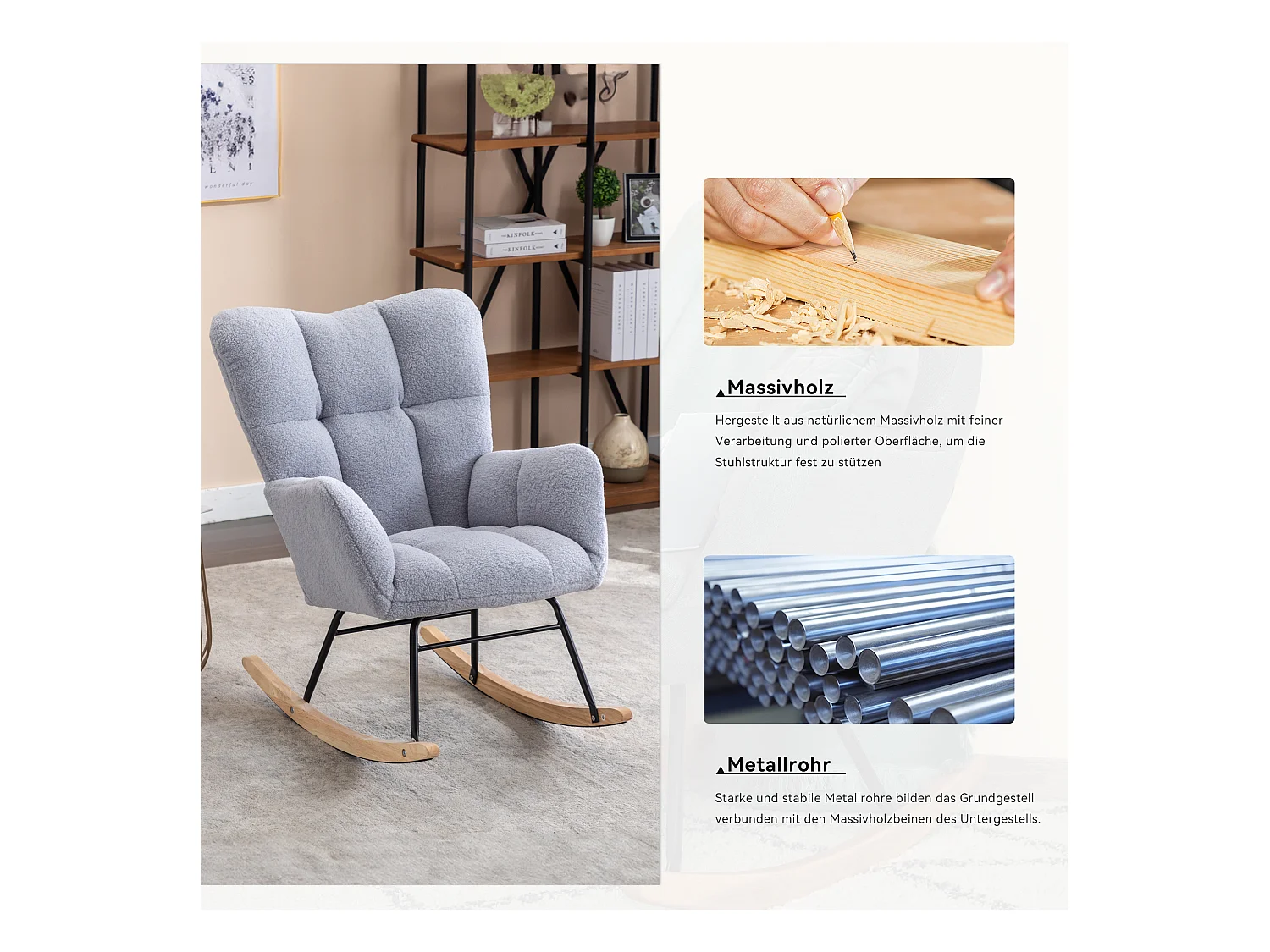 Schommelstoel in Mid-Century Modern-stijl, pluche stof, gestoffeerd design, hout en metaal, lichtgrijs (80x70x95 cm)