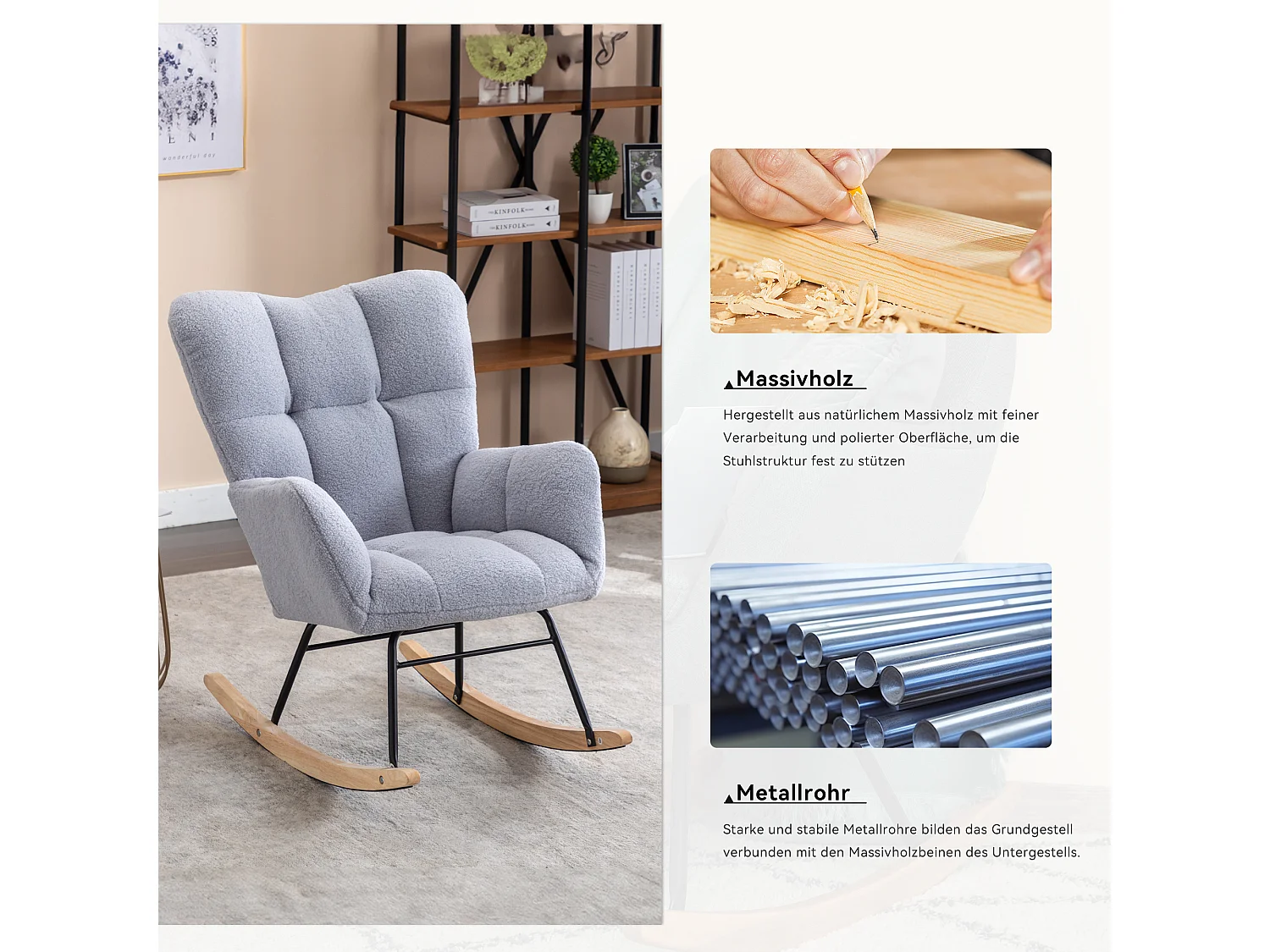 Chaise à bascule moderne Mid-Century, tissu Tissu peluche, design capitonné, bois et métal, gris clair (80x70x95 cm)