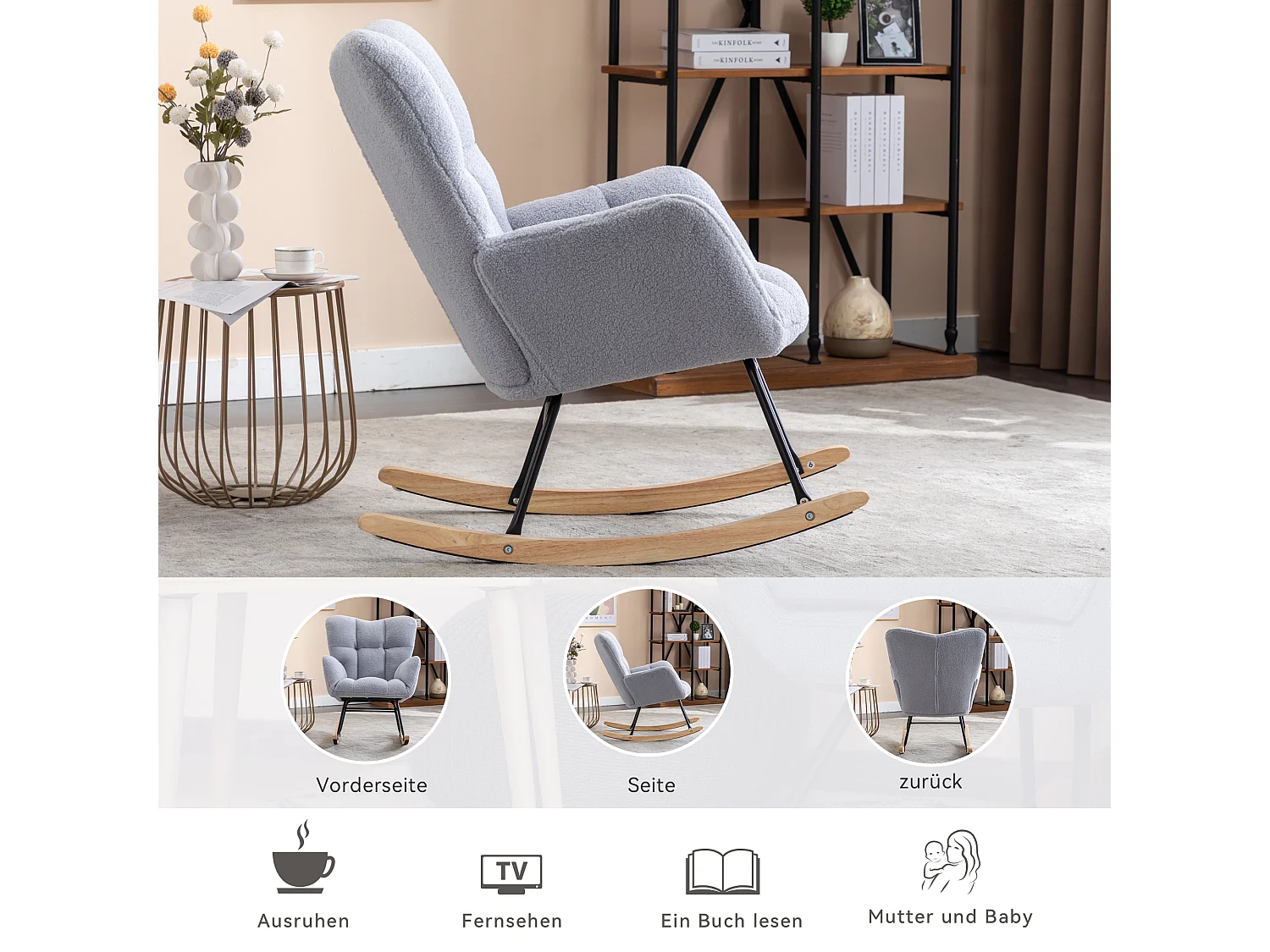 Chaise à bascule moderne Mid-Century, tissu Tissu peluche, design capitonné, bois et métal, gris clair (80x70x95 cm)