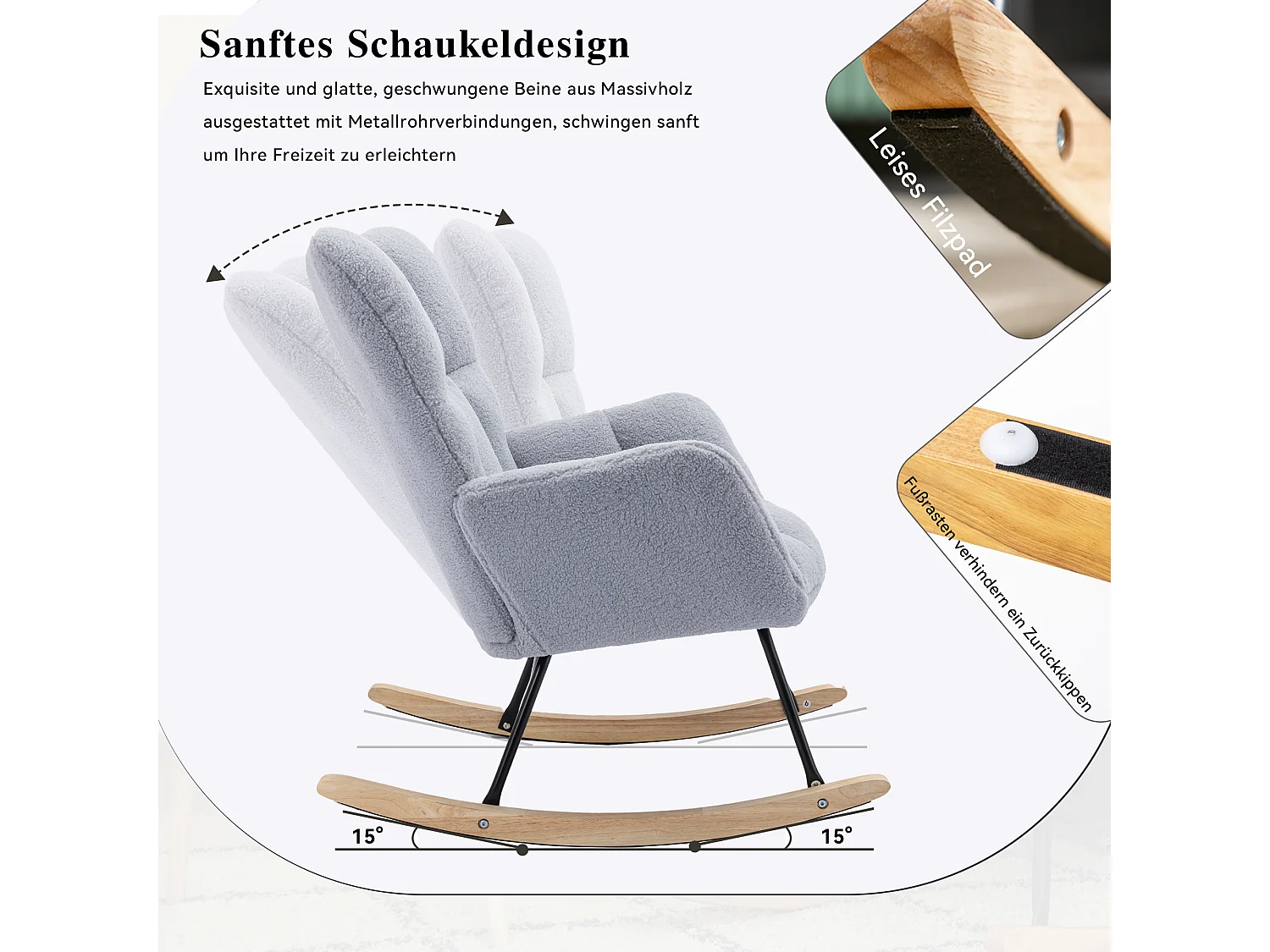 Chaise à bascule moderne Mid-Century, tissu Tissu peluche, design capitonné, bois et métal, gris clair (80x70x95 cm)