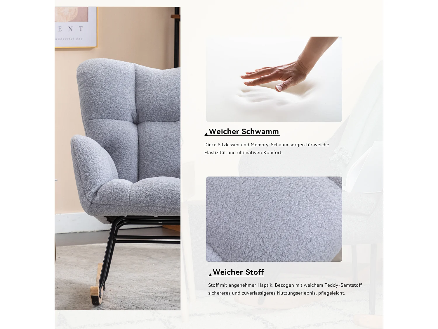 Chaise à bascule moderne Mid-Century, tissu Tissu peluche, design capitonné, bois et métal, gris clair (80x70x95 cm)