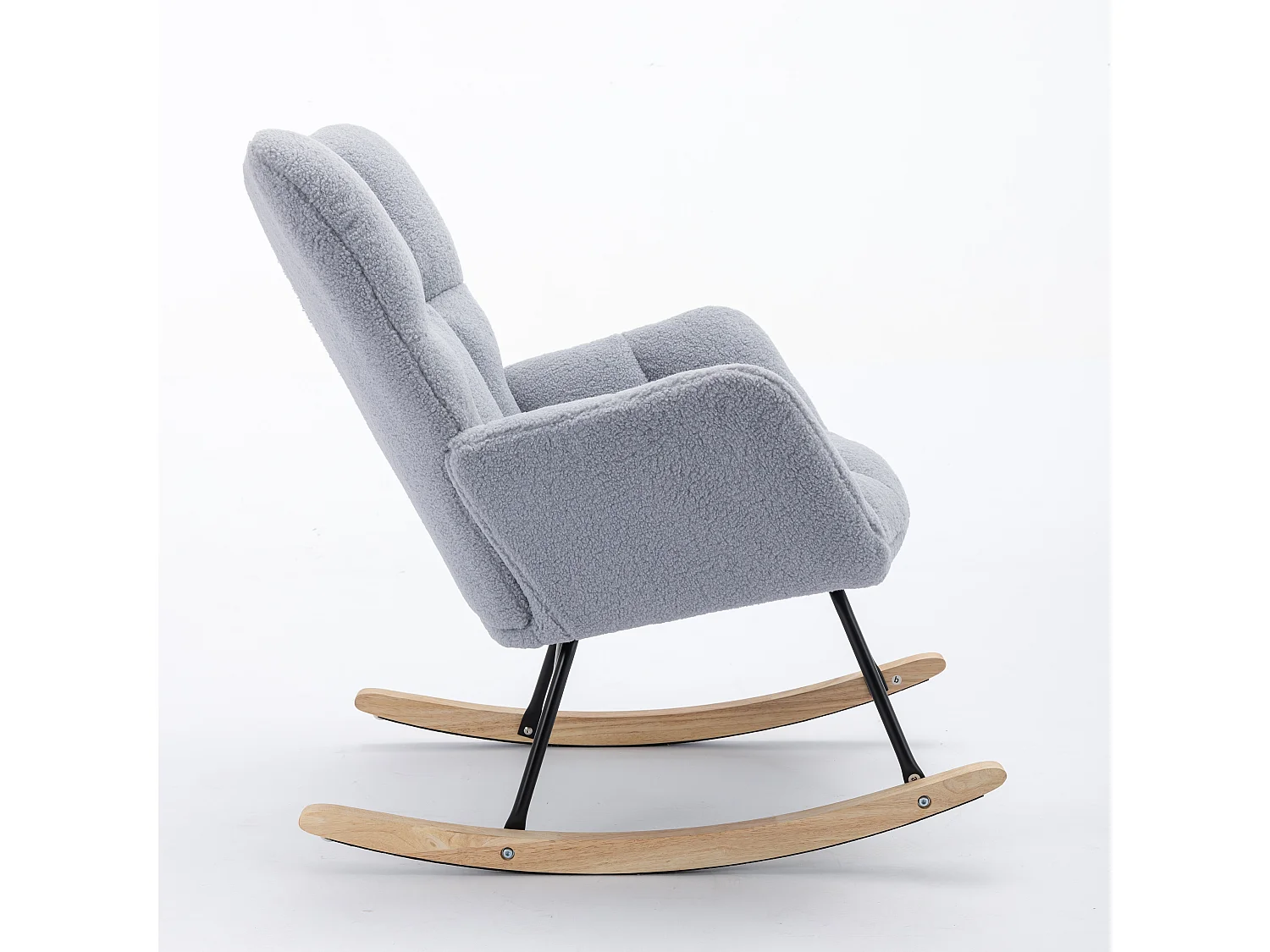 Chaise à bascule moderne Mid-Century, tissu Tissu peluche, design capitonné, bois et métal, gris clair (80x70x95 cm)