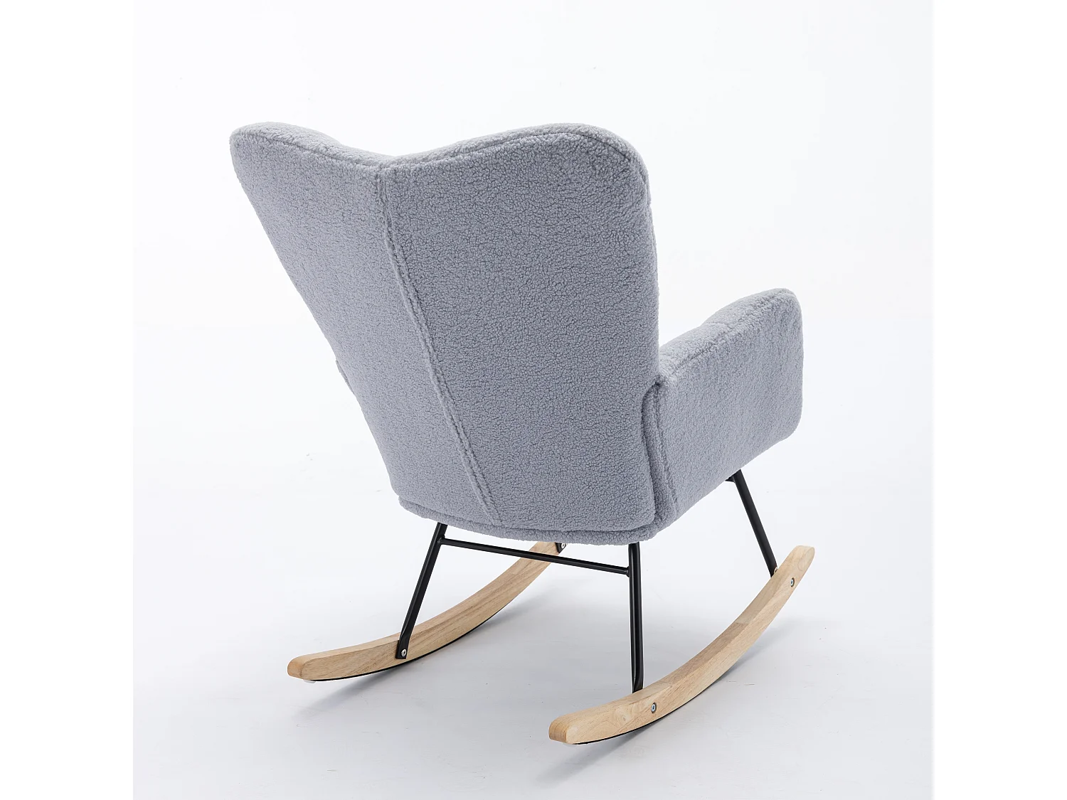 Chaise à bascule moderne Mid-Century, tissu Tissu peluche, design capitonné, bois et métal, gris clair (80x70x95 cm)