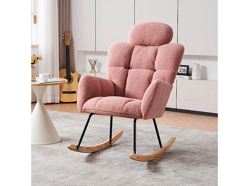 Fauteuil à bascule en Tissu peluche, dossier matelassé, tissu doux, avec appui-tête, pour salon et chambre, rose (102x70x107 cm)
