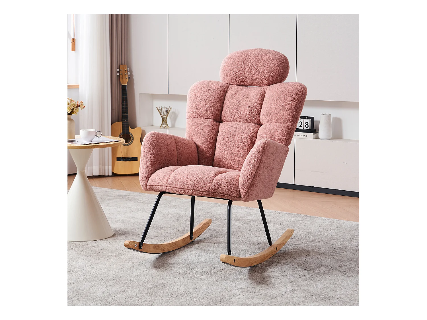 Fauteuil à bascule en Tissu peluche, dossier matelassé, tissu doux, avec appui-tête, pour salon et chambre, rose (102x70x107 cm)