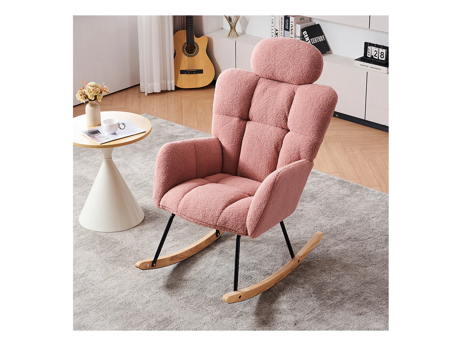 Fauteuil à bascule en Tissu peluche, dossier matelassé, tissu doux, avec appui-tête, pour salon et chambre, rose (102x70x107 cm)