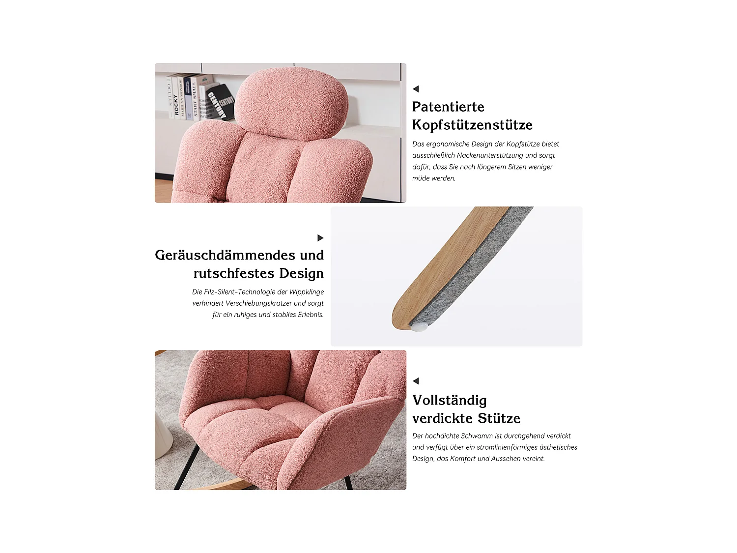 Fauteuil à bascule en Tissu peluche, dossier matelassé, tissu doux, avec appui-tête, pour salon et chambre, rose (102x70x107 cm)