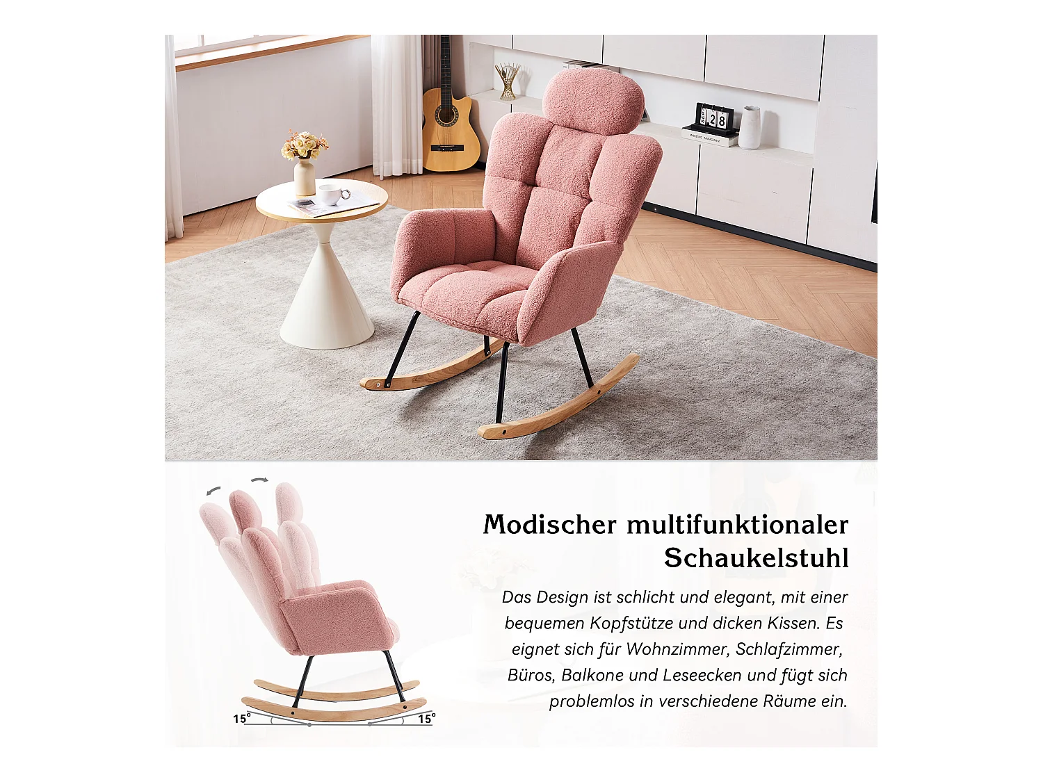 Fauteuil à bascule en Tissu peluche, dossier matelassé, tissu doux, avec appui-tête, pour salon et chambre, rose (102x70x107 cm)