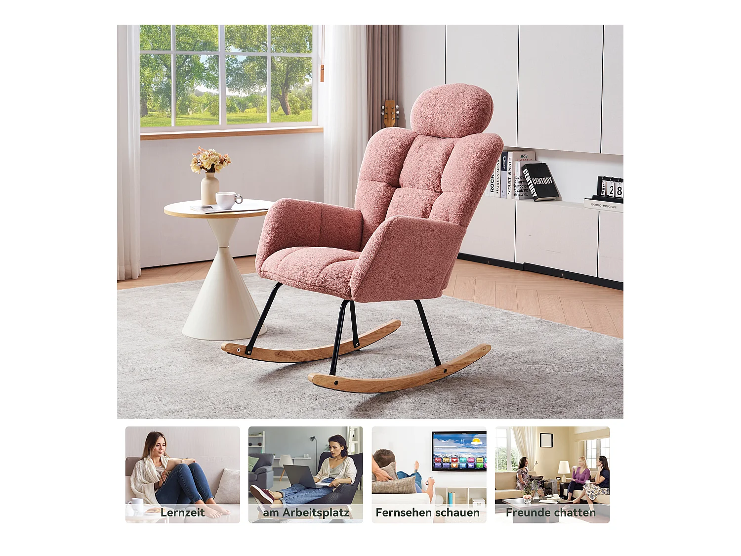 Fauteuil à bascule en Tissu peluche, dossier matelassé, tissu doux, avec appui-tête, pour salon et chambre, rose (102x70x107 cm)