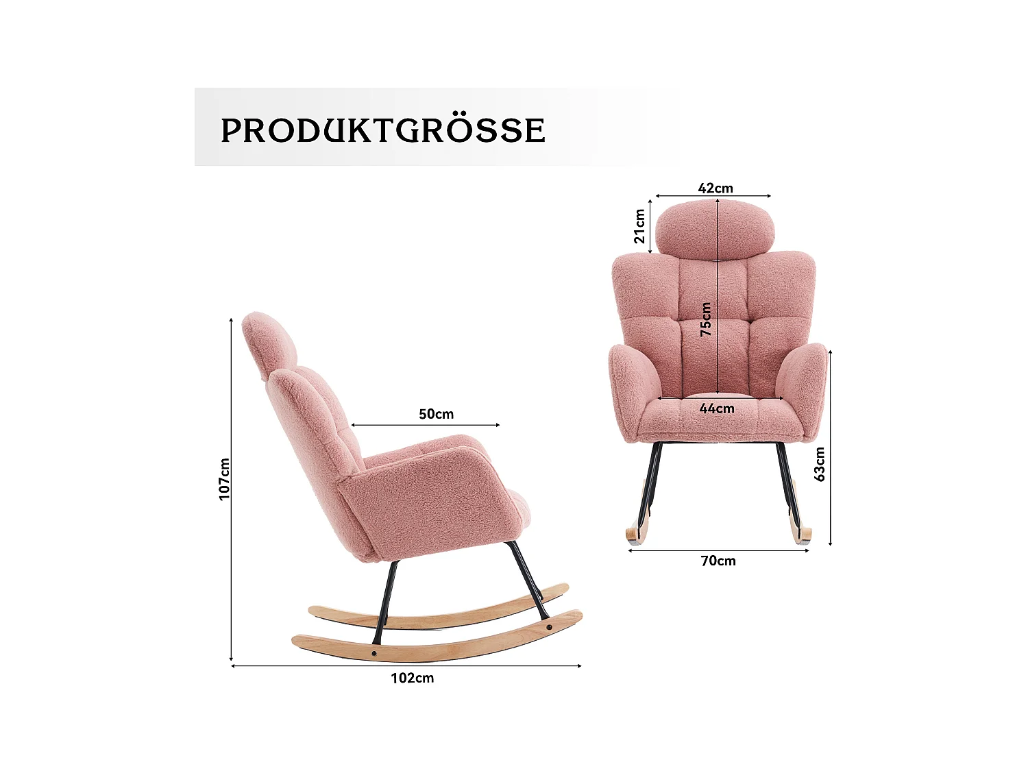 Fauteuil à bascule en Tissu peluche, dossier matelassé, tissu doux, avec appui-tête, pour salon et chambre, rose (102x70x107 cm)