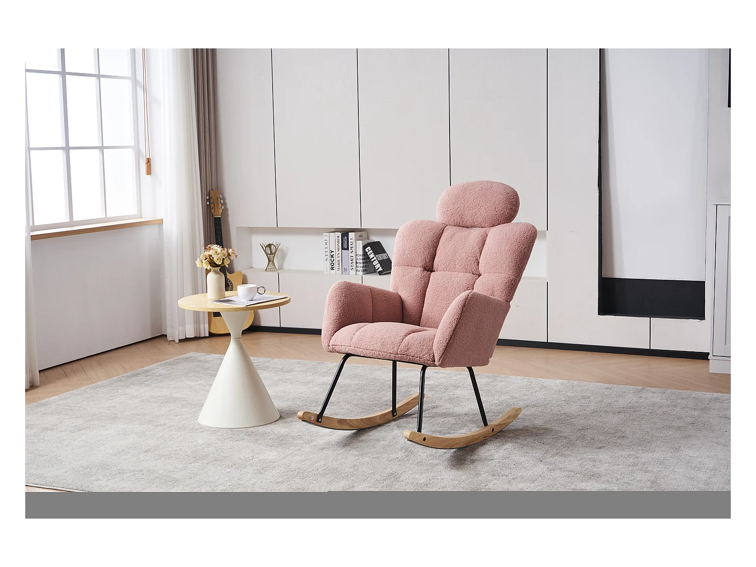 Fauteuil à bascule en Tissu peluche, dossier matelassé, tissu doux, avec appui-tête, pour salon et chambre, rose (102x70x107 cm)