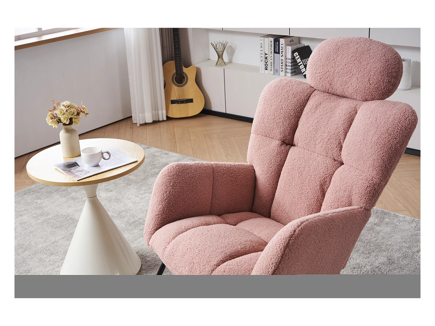 Fauteuil à bascule en Tissu peluche, dossier matelassé, tissu doux, avec appui-tête, pour salon et chambre, rose (102x70x107 cm)