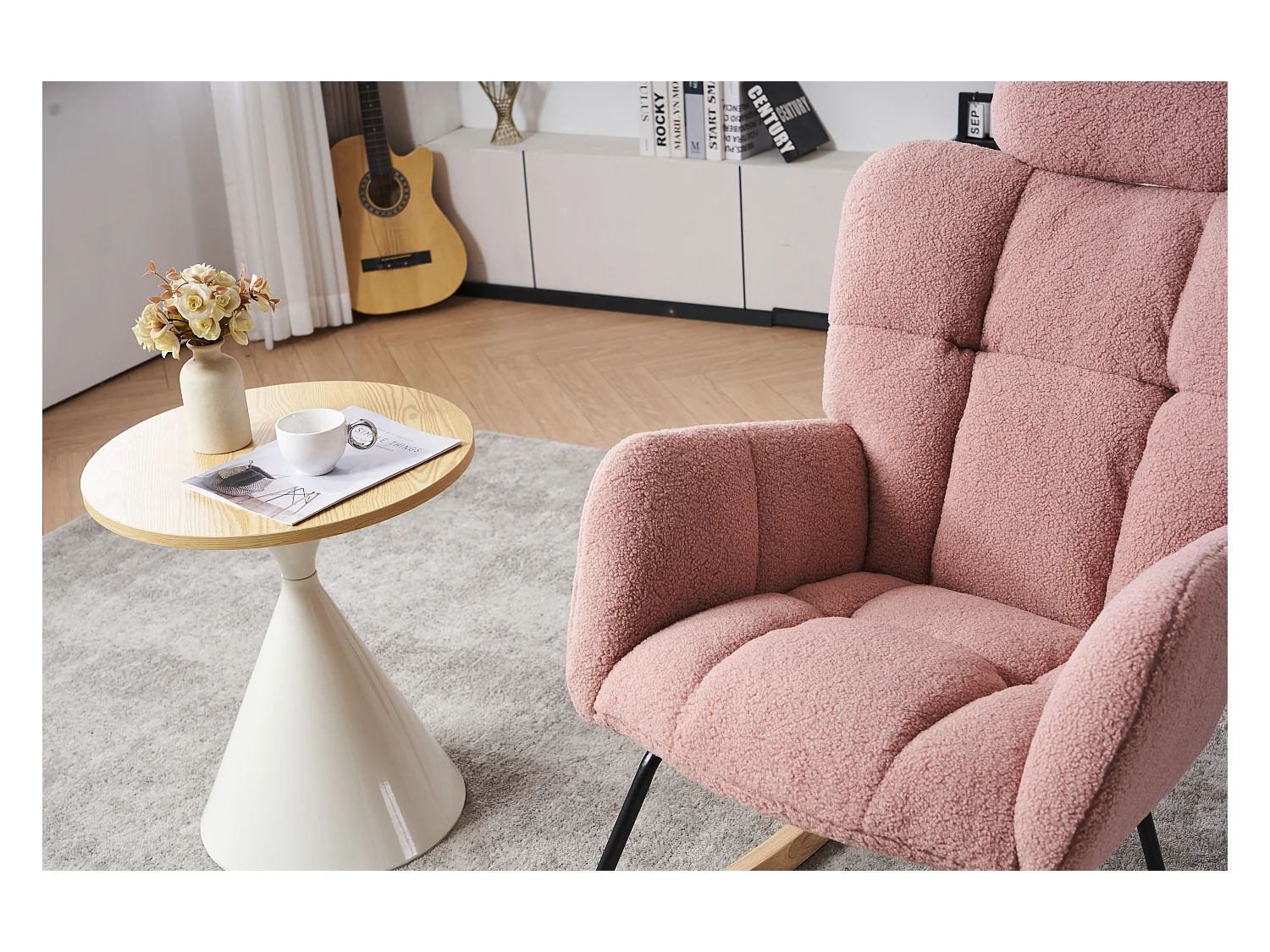 Fauteuil à bascule en Tissu peluche, dossier matelassé, tissu doux, avec appui-tête, pour salon et chambre, rose (102x70x107 cm)