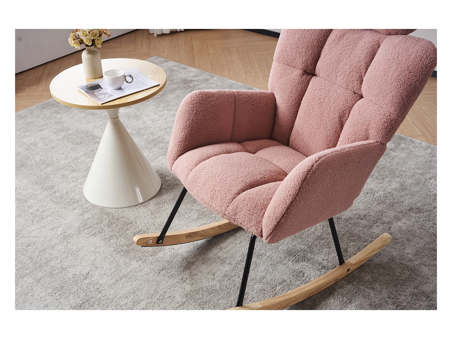 Fauteuil à bascule en Tissu peluche, dossier matelassé, tissu doux, avec appui-tête, pour salon et chambre, rose (102x70x107 cm)