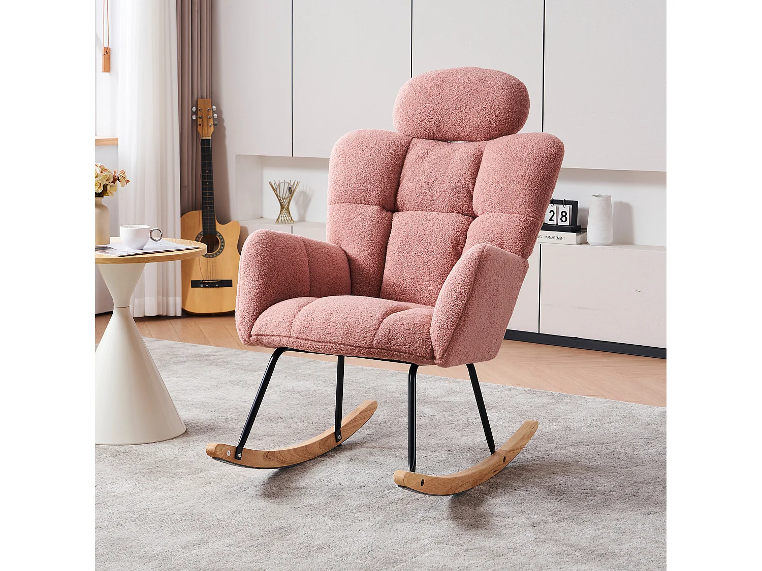 Fauteuil à bascule en Tissu peluche, dossier matelassé, tissu doux, avec appui-tête, pour salon et chambre, rose (102x70x107 cm)