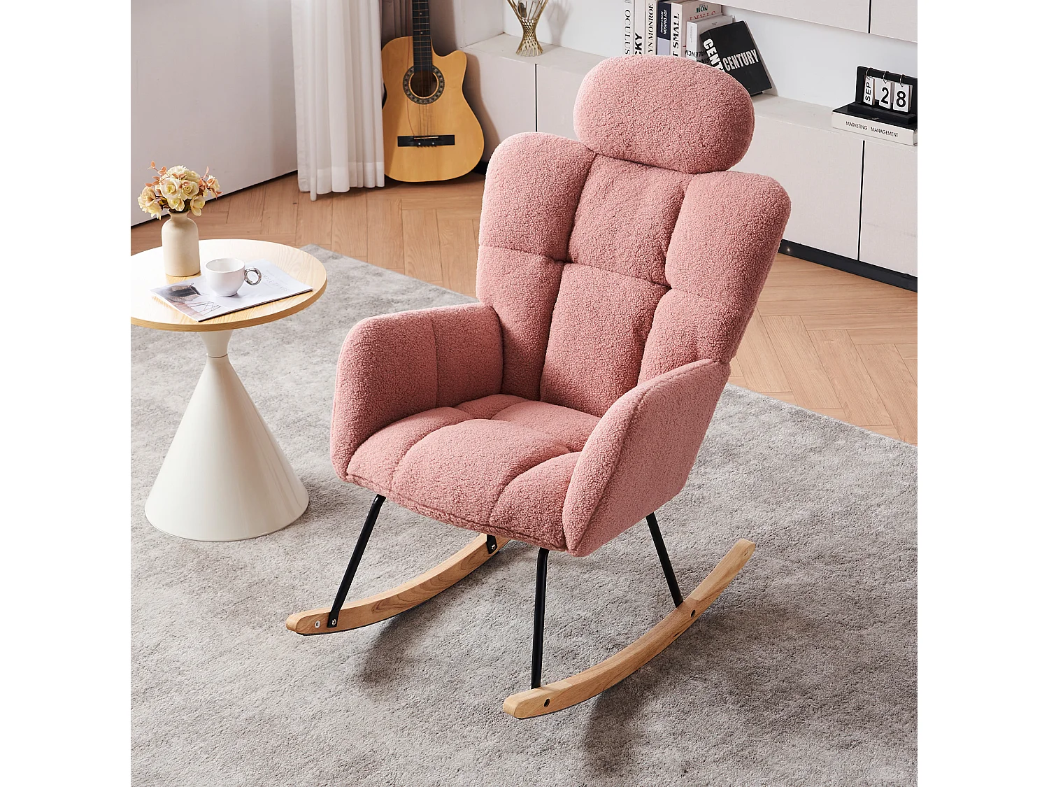 Fauteuil à bascule en Tissu peluche, dossier matelassé, tissu doux, avec appui-tête, pour salon et chambre, rose (102x70x107 cm)