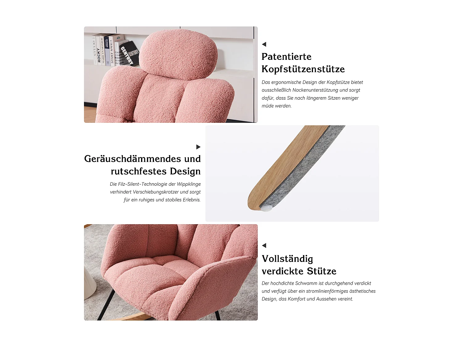 Fauteuil à bascule en Tissu peluche, dossier matelassé, tissu doux, avec appui-tête, pour salon et chambre, rose (102x70x107 cm)