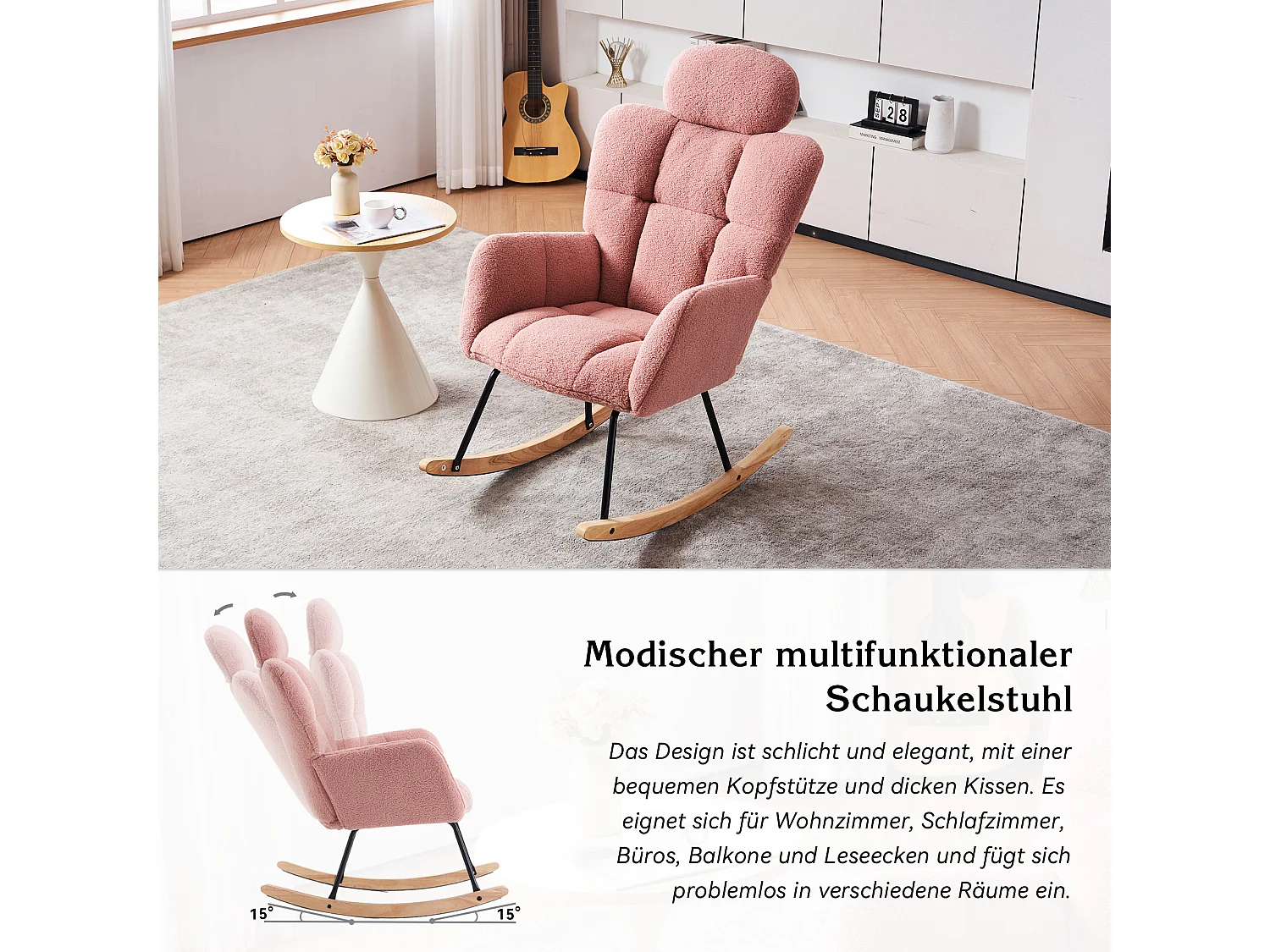 Fauteuil à bascule en Tissu peluche, dossier matelassé, tissu doux, avec appui-tête, pour salon et chambre, rose (102x70x107 cm)