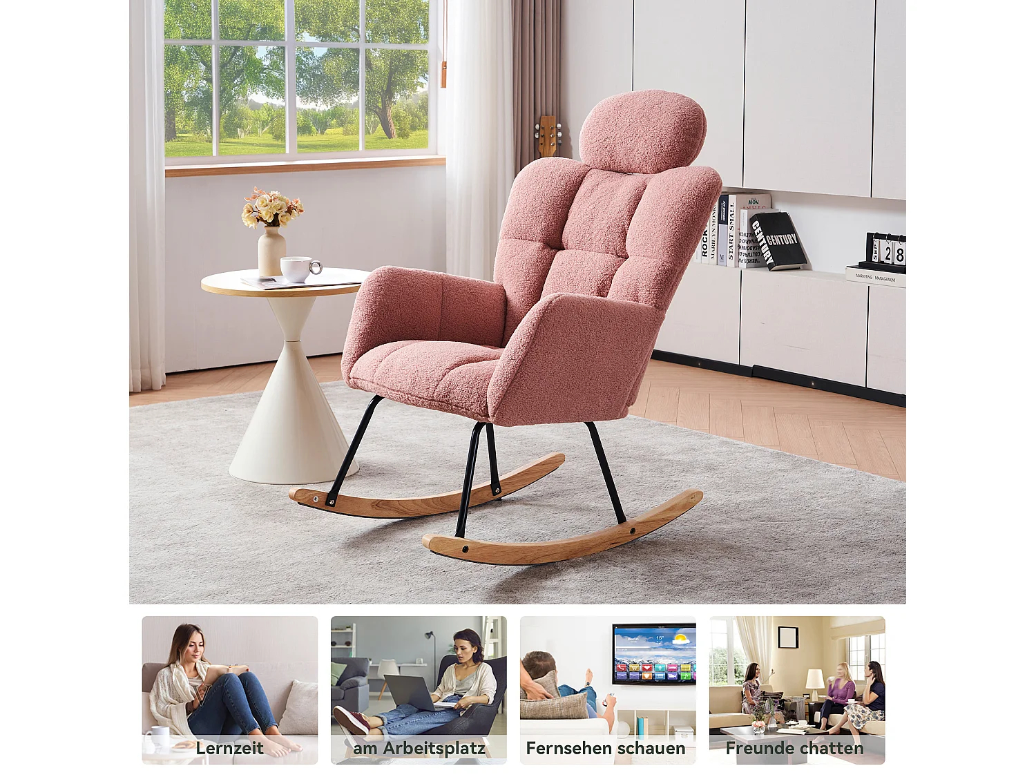 Fauteuil à bascule en Tissu peluche, dossier matelassé, tissu doux, avec appui-tête, pour salon et chambre, rose (102x70x107 cm)