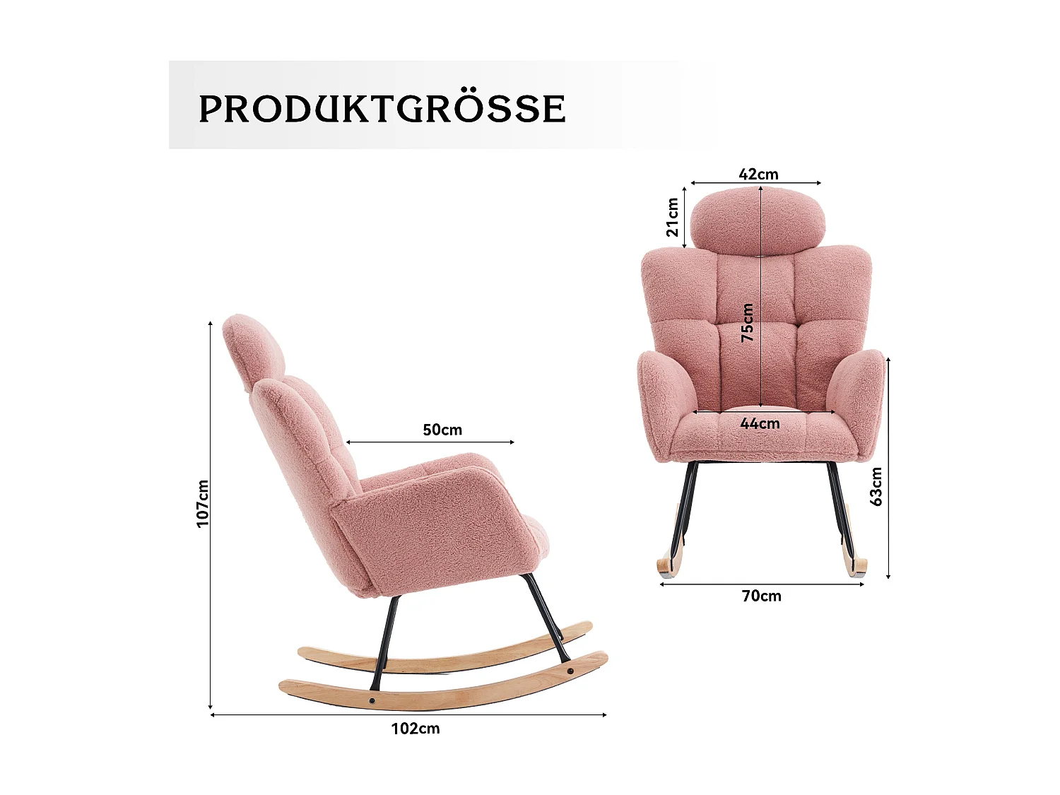 Fauteuil à bascule en Tissu peluche, dossier matelassé, tissu doux, avec appui-tête, pour salon et chambre, rose (102x70x107 cm)