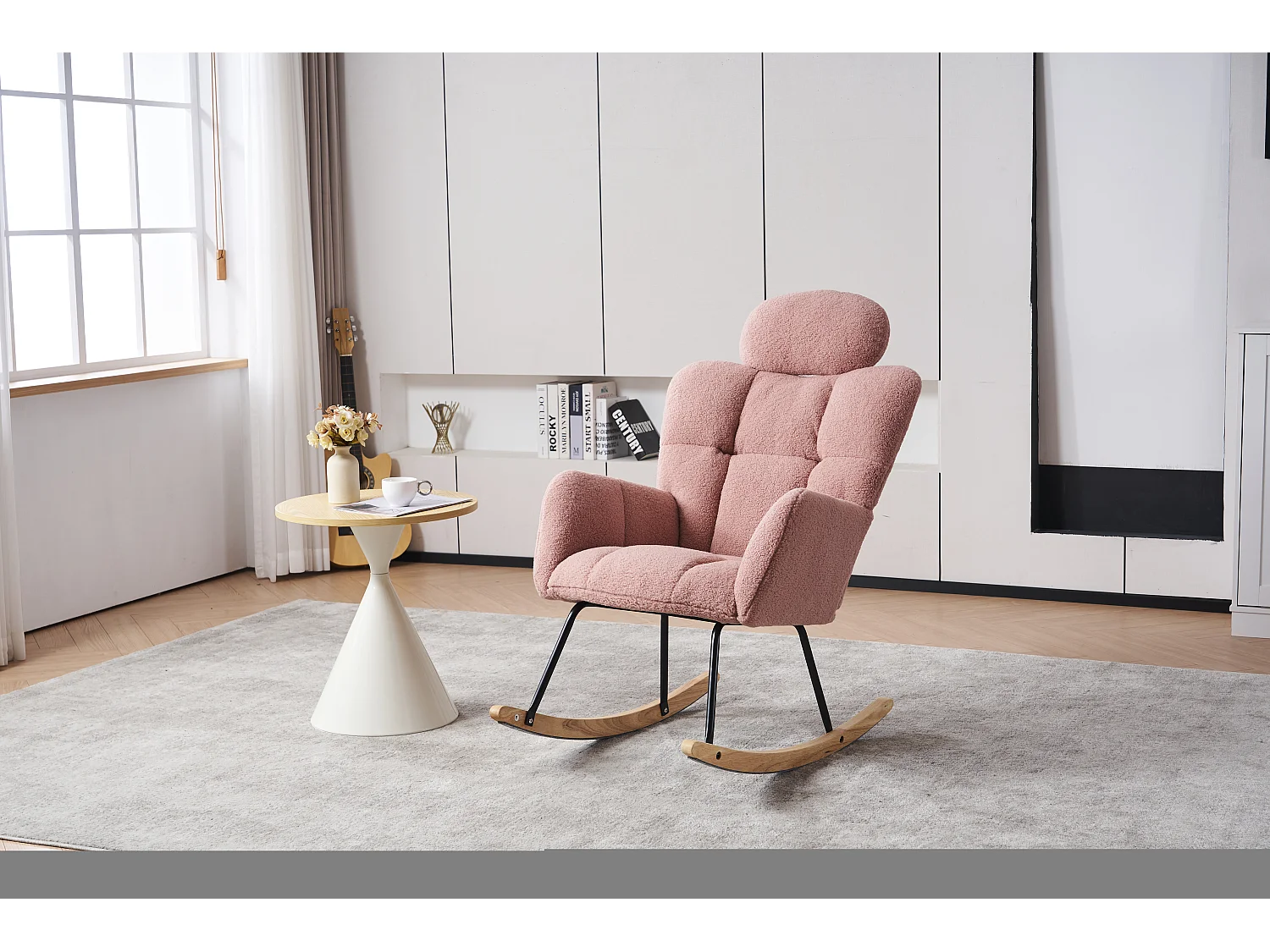 Fauteuil à bascule en Tissu peluche, dossier matelassé, tissu doux, avec appui-tête, pour salon et chambre, rose (102x70x107 cm)