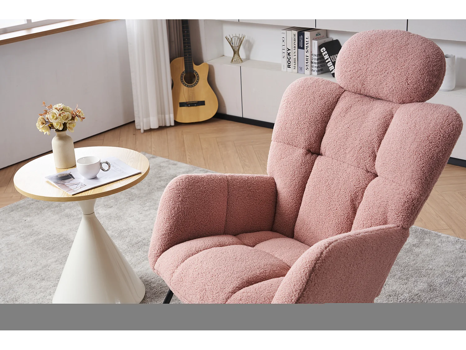 Fauteuil à bascule en Tissu peluche, dossier matelassé, tissu doux, avec appui-tête, pour salon et chambre, rose (102x70x107 cm)