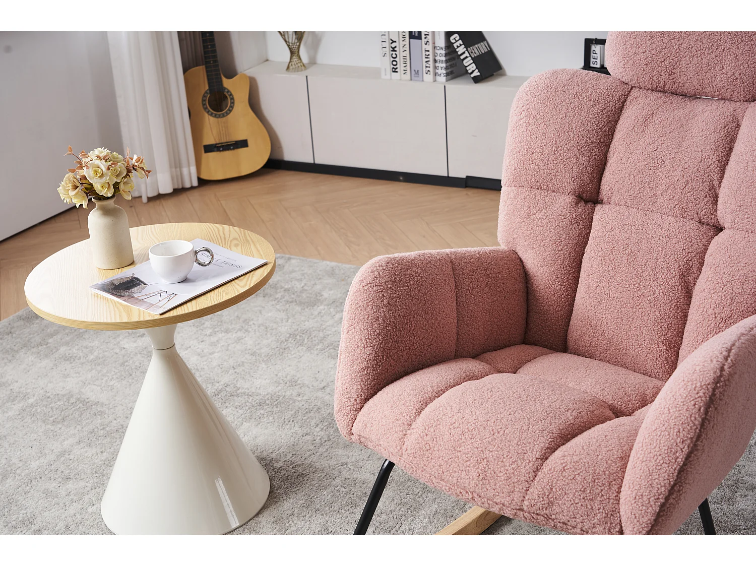 Fauteuil à bascule en Tissu peluche, dossier matelassé, tissu doux, avec appui-tête, pour salon et chambre, rose (102x70x107 cm)