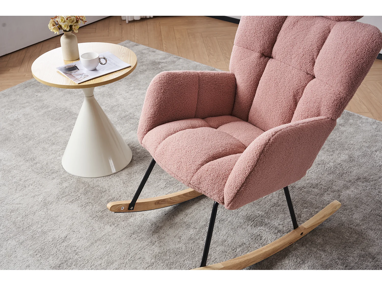 Fauteuil à bascule en Tissu peluche, dossier matelassé, tissu doux, avec appui-tête, pour salon et chambre, rose (102x70x107 cm)