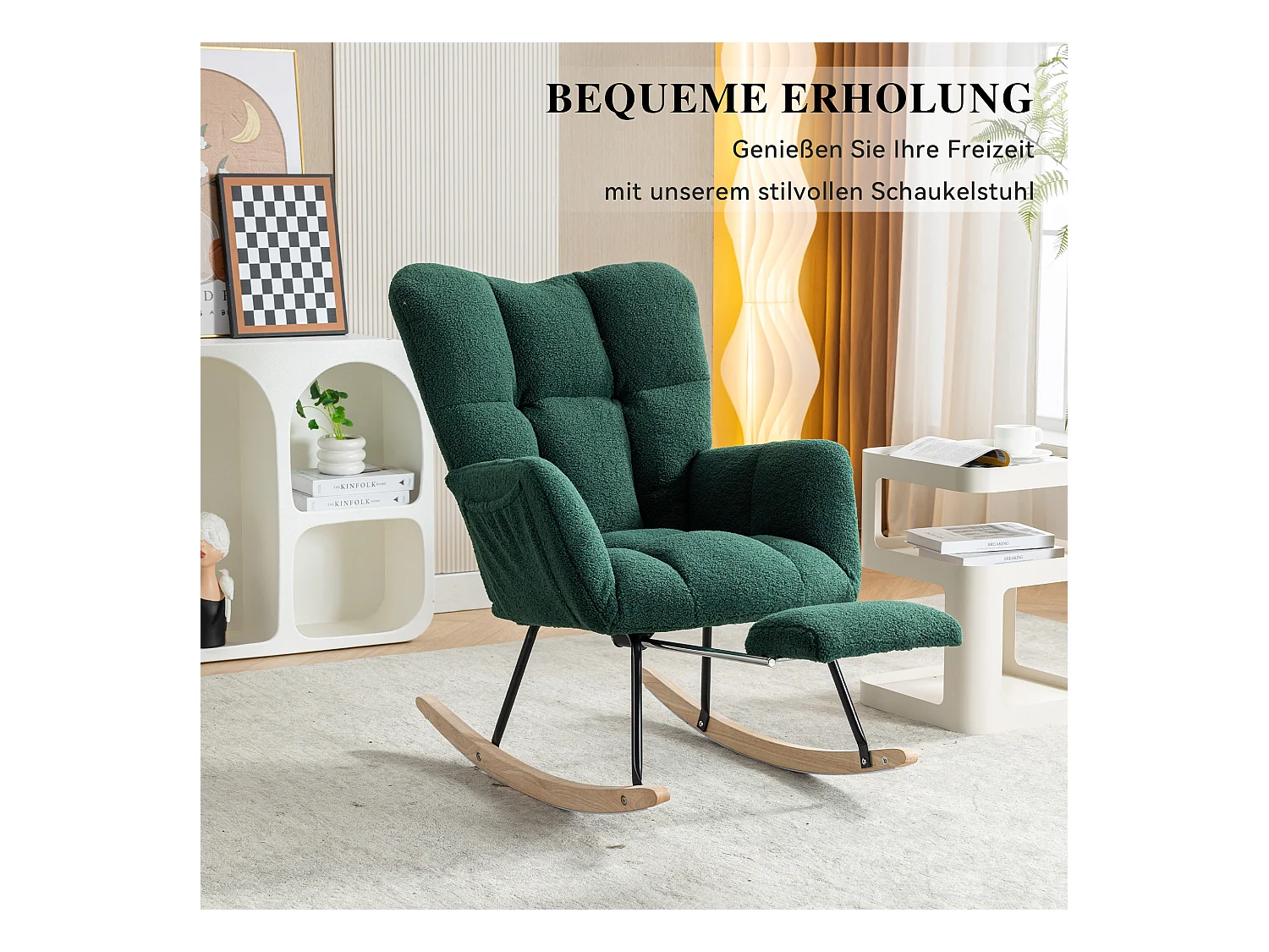 Moderne schommelstoel met pluche stof, uitschuifbare voetensteun, grijs (80x98x98,5 cm)