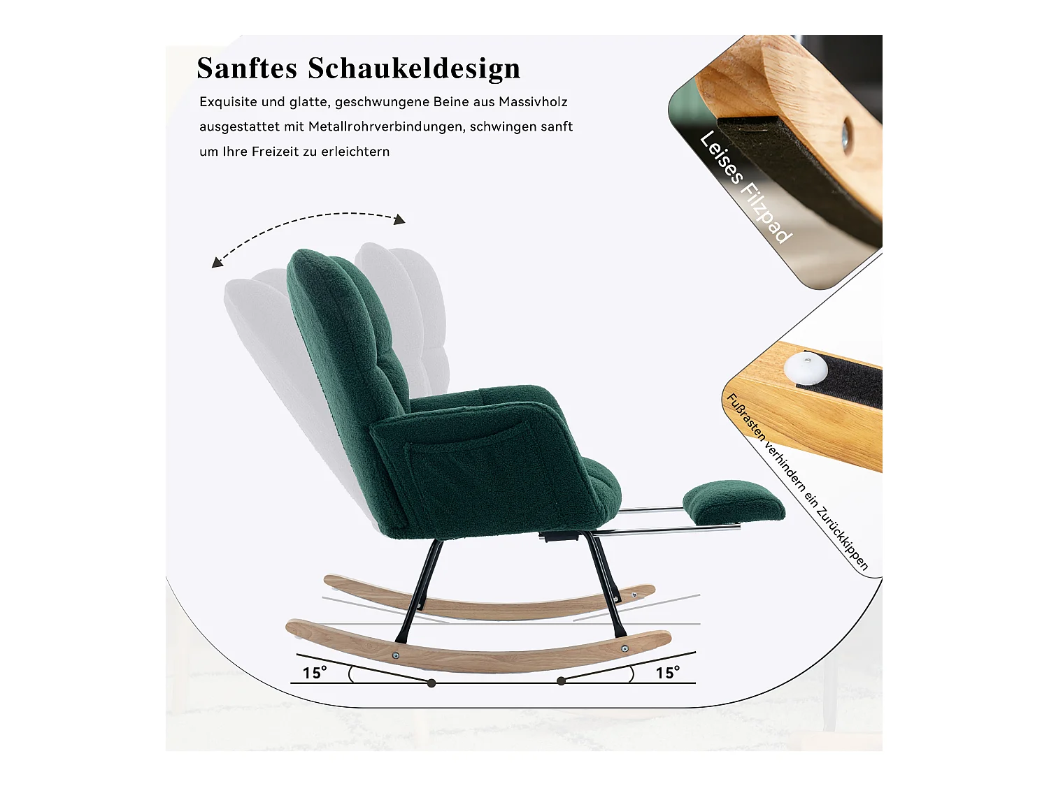 Moderne schommelstoel met pluche stof, uitschuifbare voetensteun, grijs (80x98x98,5 cm)