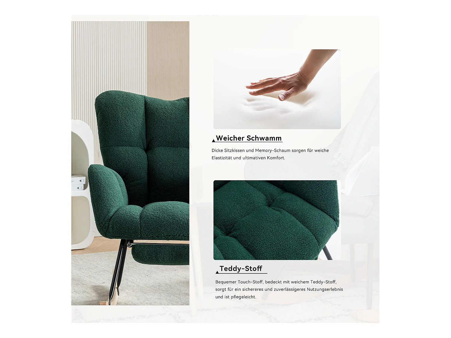 Moderne schommelstoel met pluche stof, uitschuifbare voetensteun, grijs (80x98x98,5 cm)