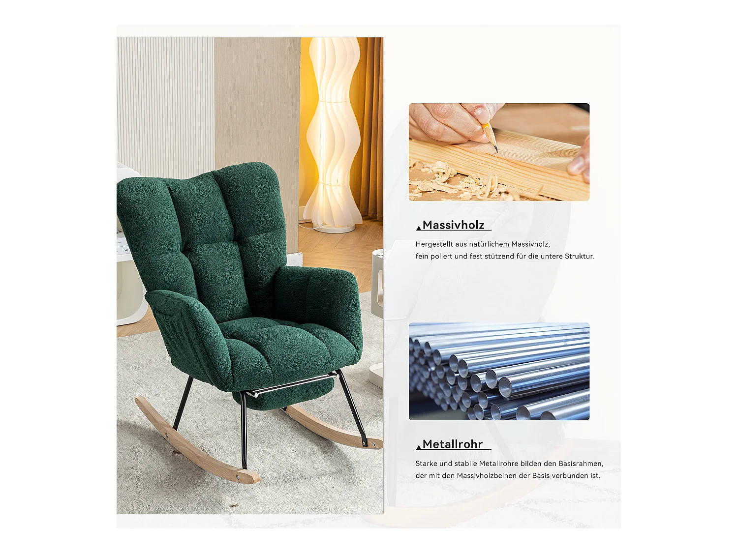 Moderne schommelstoel met pluche stof, uitschuifbare voetensteun, grijs (80x98x98,5 cm)