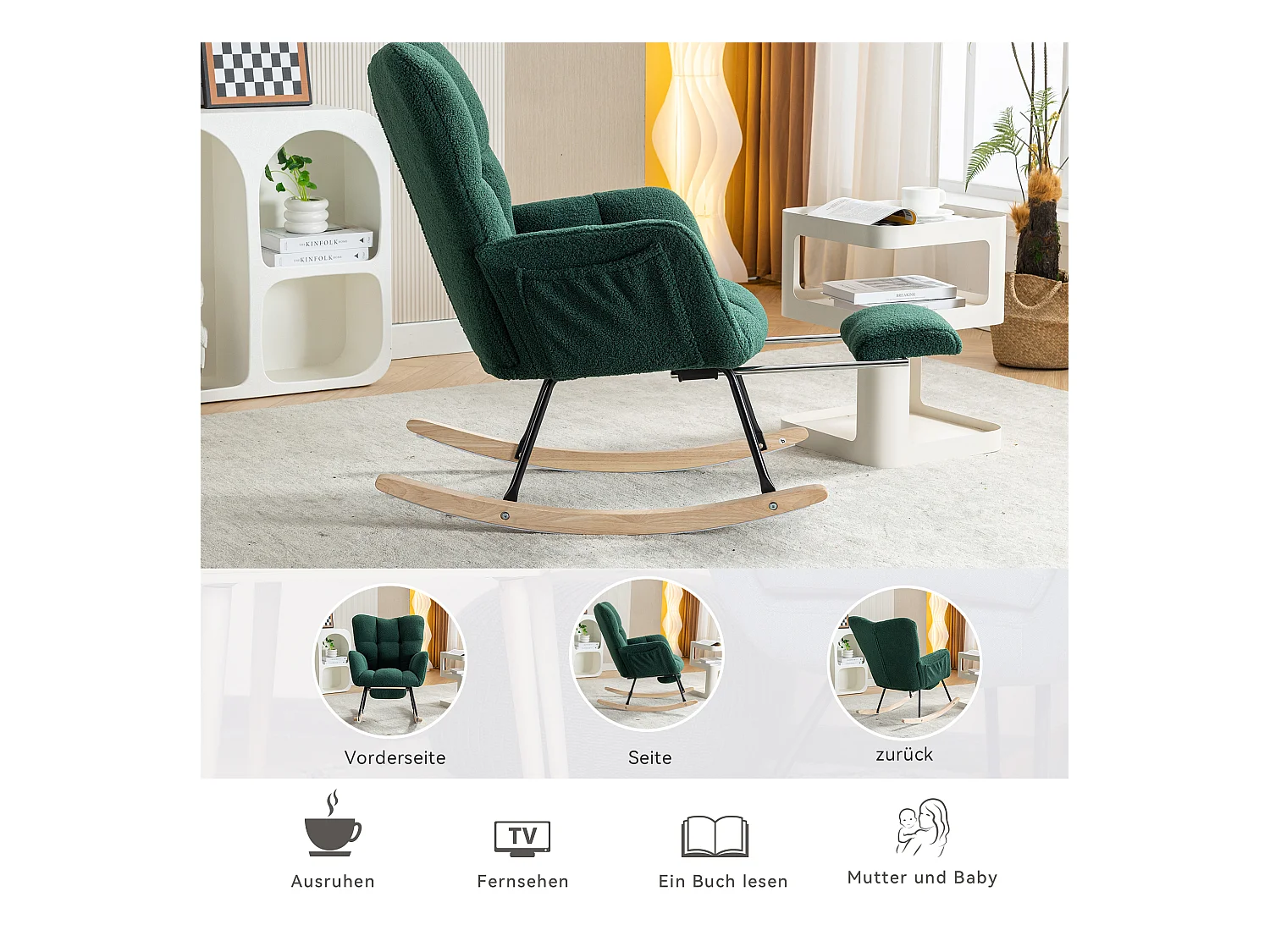 Moderne schommelstoel met pluche stof, uitschuifbare voetensteun, grijs (80x98x98,5 cm)