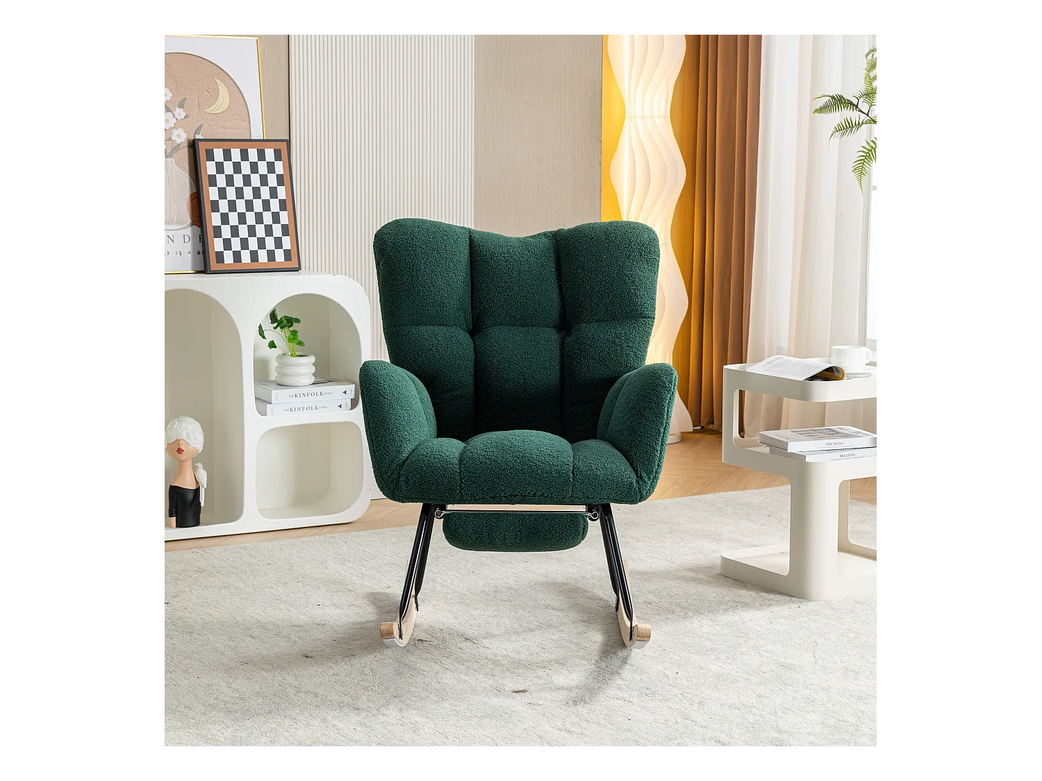 Moderne schommelstoel met pluche stof, uitschuifbare voetensteun, grijs (80x98x98,5 cm)