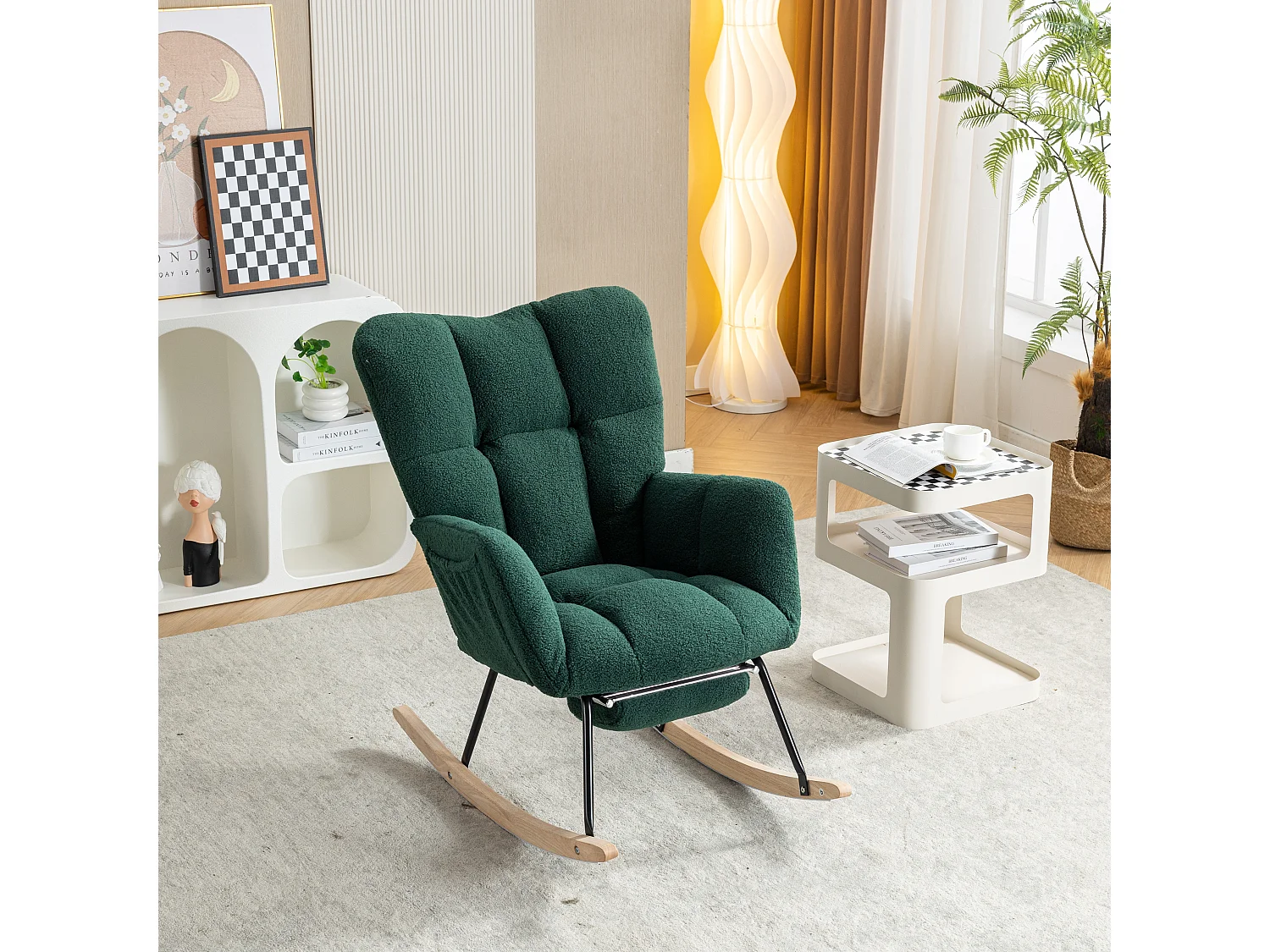 Moderne schommelstoel met pluche stof, uitschuifbare voetensteun, grijs (80x98x98,5 cm)