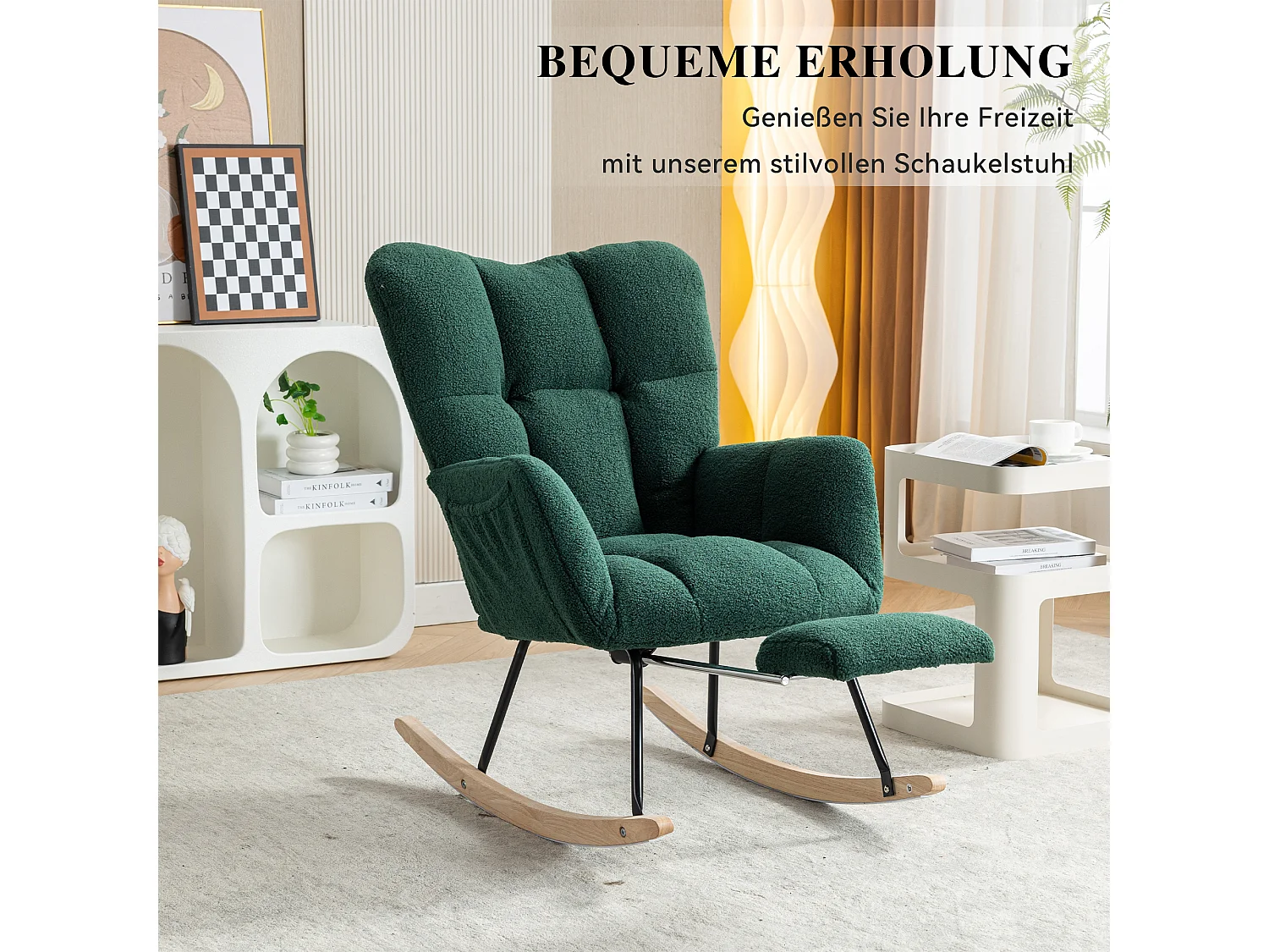 Fauteuil à bascule moderne avec tissu Tissu peluche, repose-pieds escamotable, gris (80x98x98.5 cm)