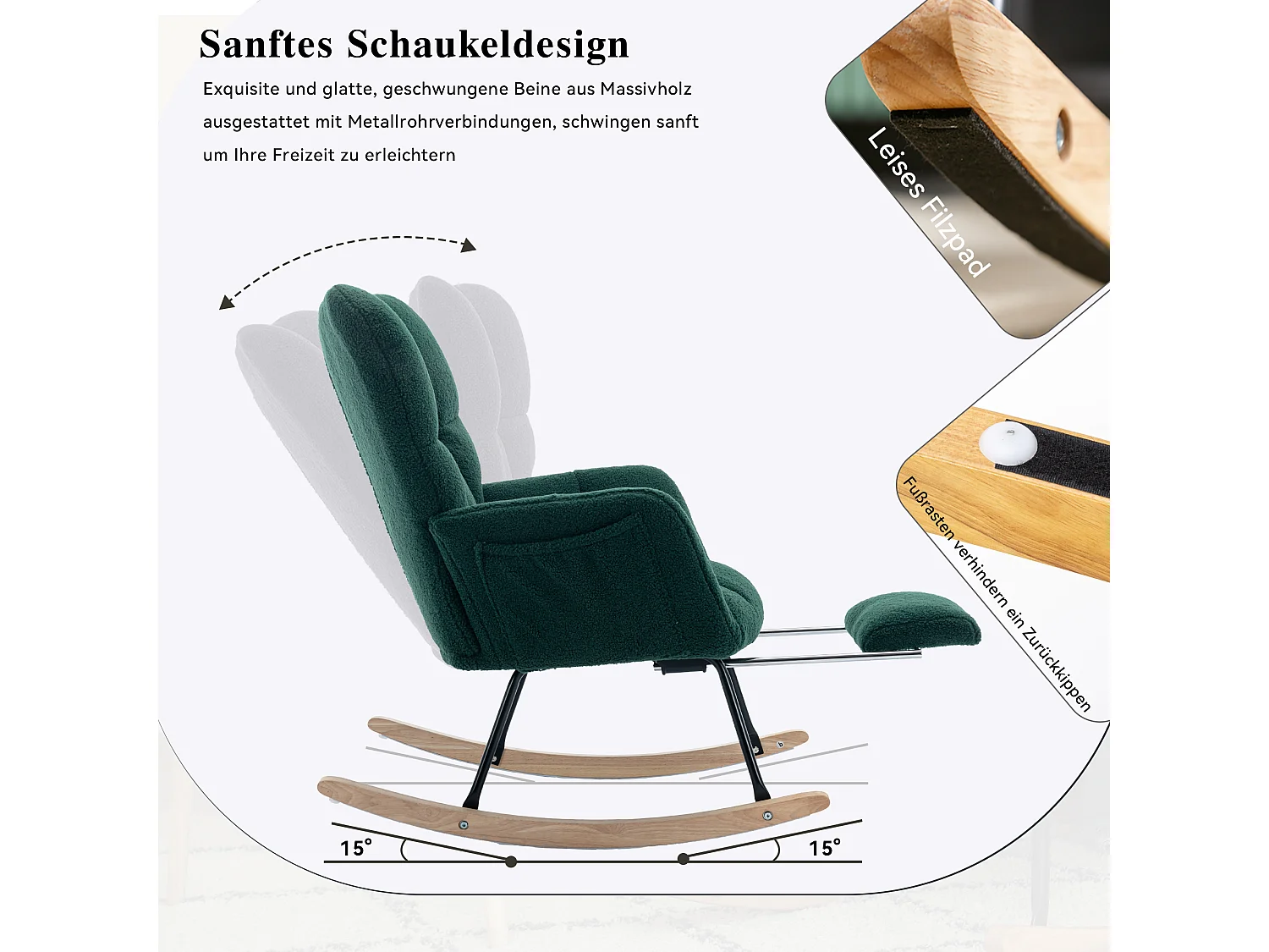 Fauteuil à bascule moderne avec tissu Tissu peluche, repose-pieds escamotable, gris (80x98x98.5 cm)