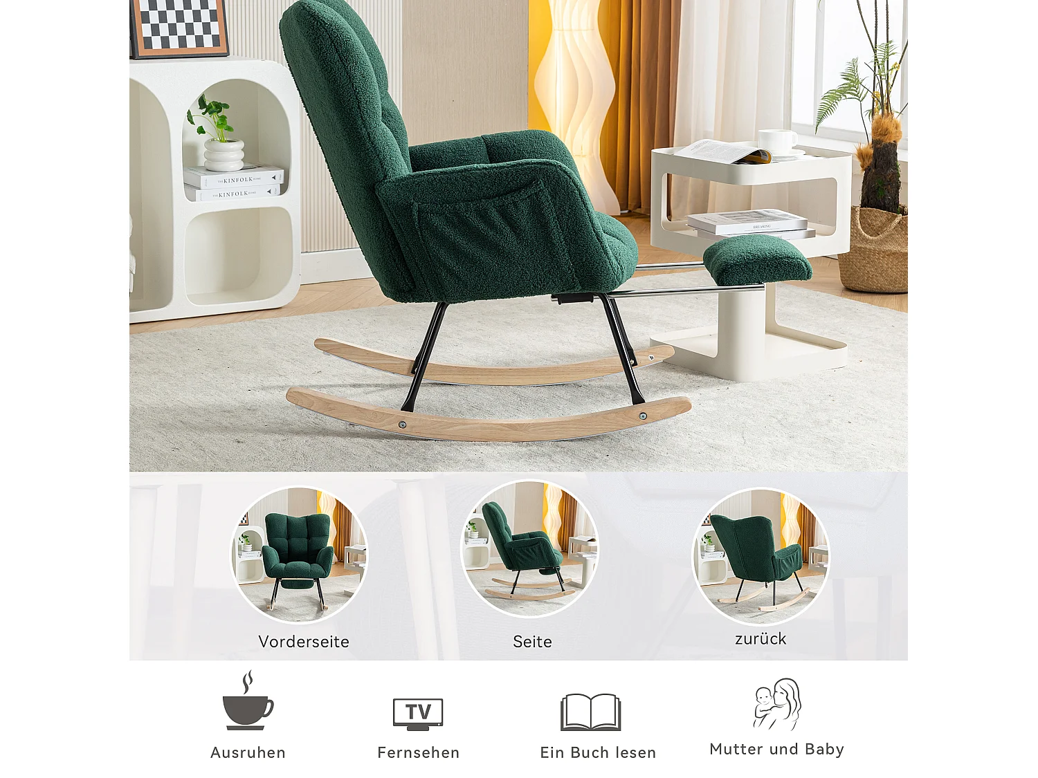 Fauteuil à bascule moderne avec tissu Tissu peluche, repose-pieds escamotable, gris (80x98x98.5 cm)