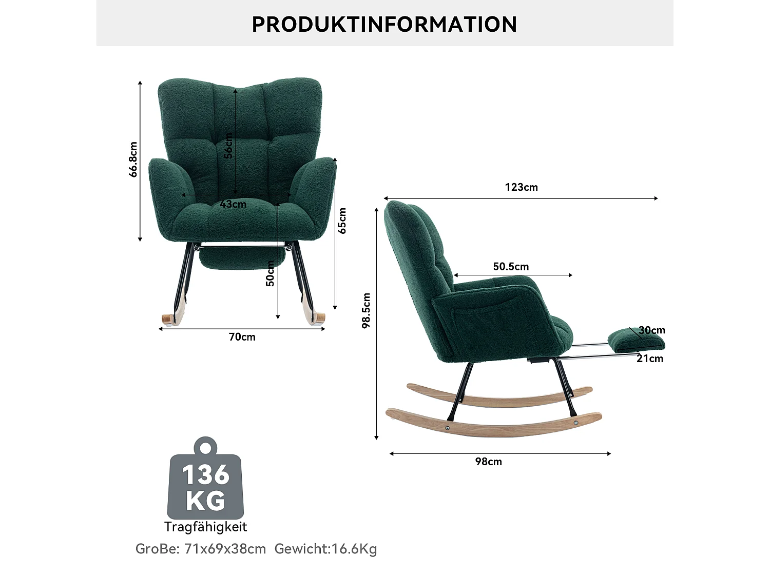 Fauteuil à bascule moderne avec tissu Tissu peluche, repose-pieds escamotable, gris (80x98x98.5 cm)