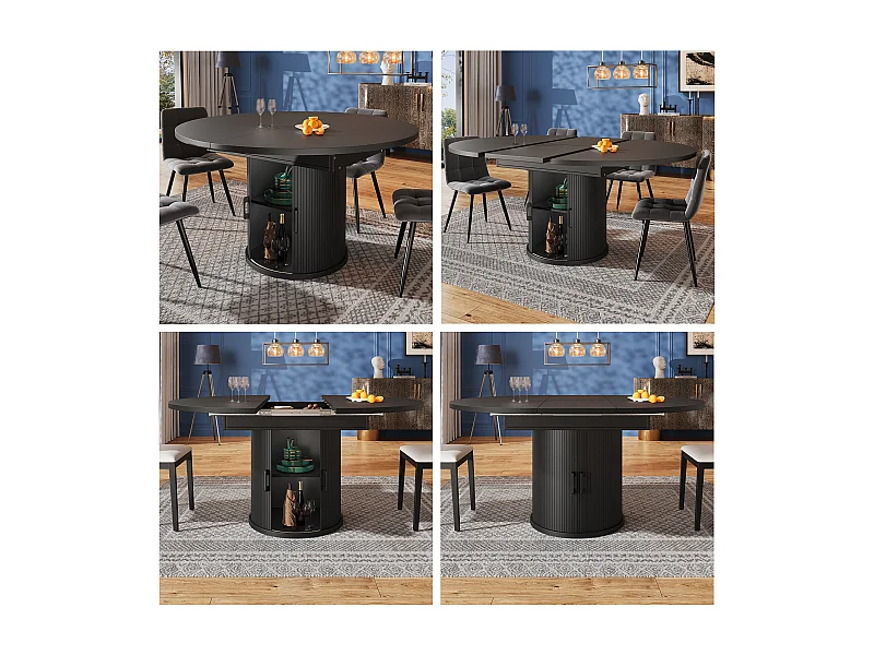 Table à manger extensible ronde/ovale, MDF, noyer/noir (118x118x76.8cm)