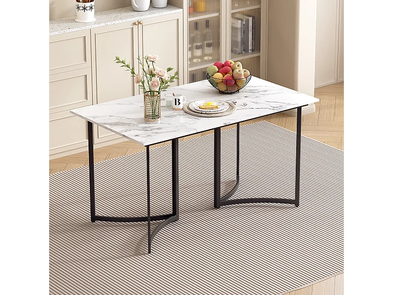 Moderne eettafel met marmerlook MDF-blad, gebogen metalen poten, verstelbare poten, wit en zwart, 140x80x75,5 cm