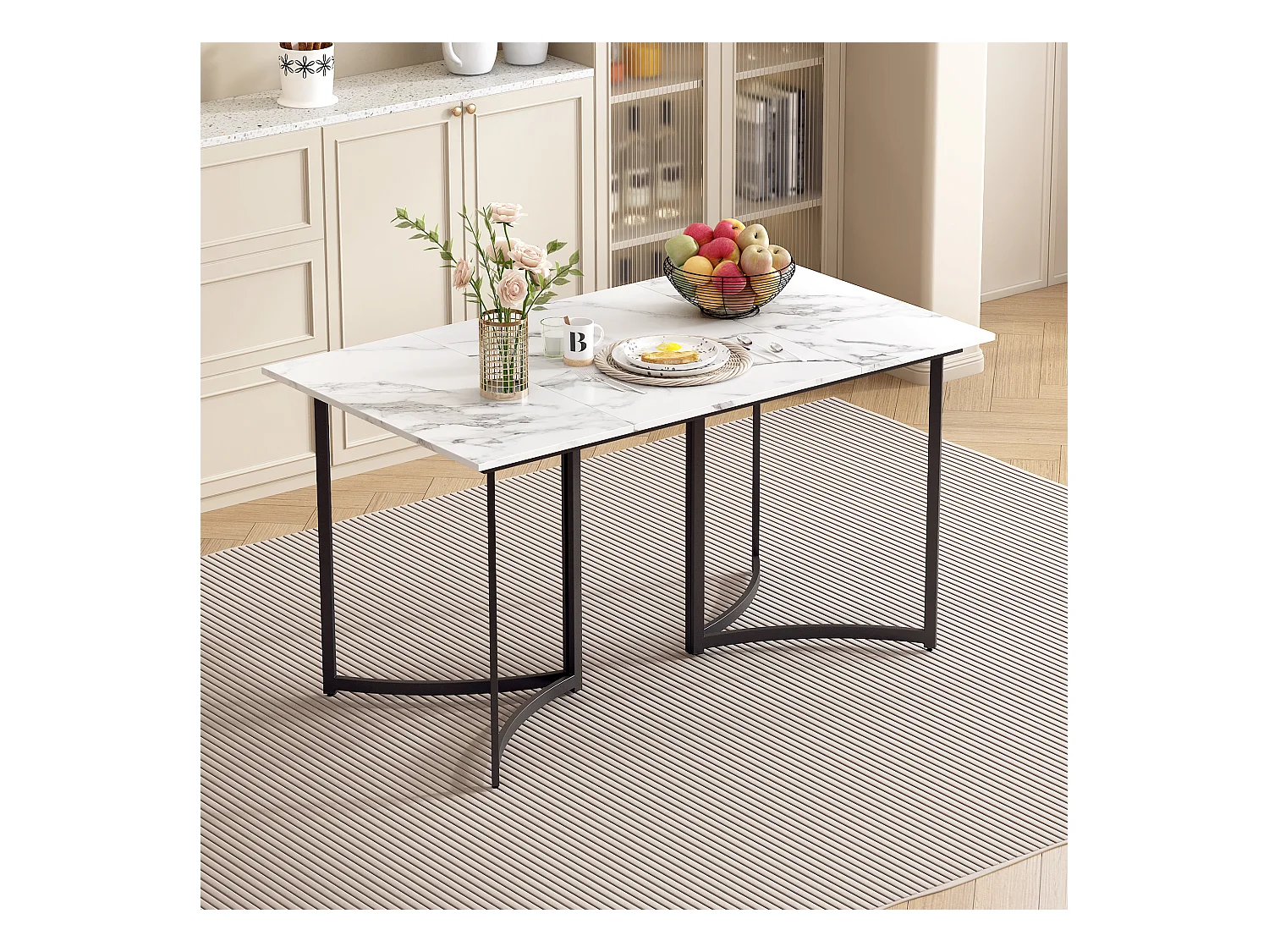 Table à manger moderne avec dessus en MDF effet marbre, pieds courbés en métal, pieds réglables, blanc et noir, 140x80x75.5 cm