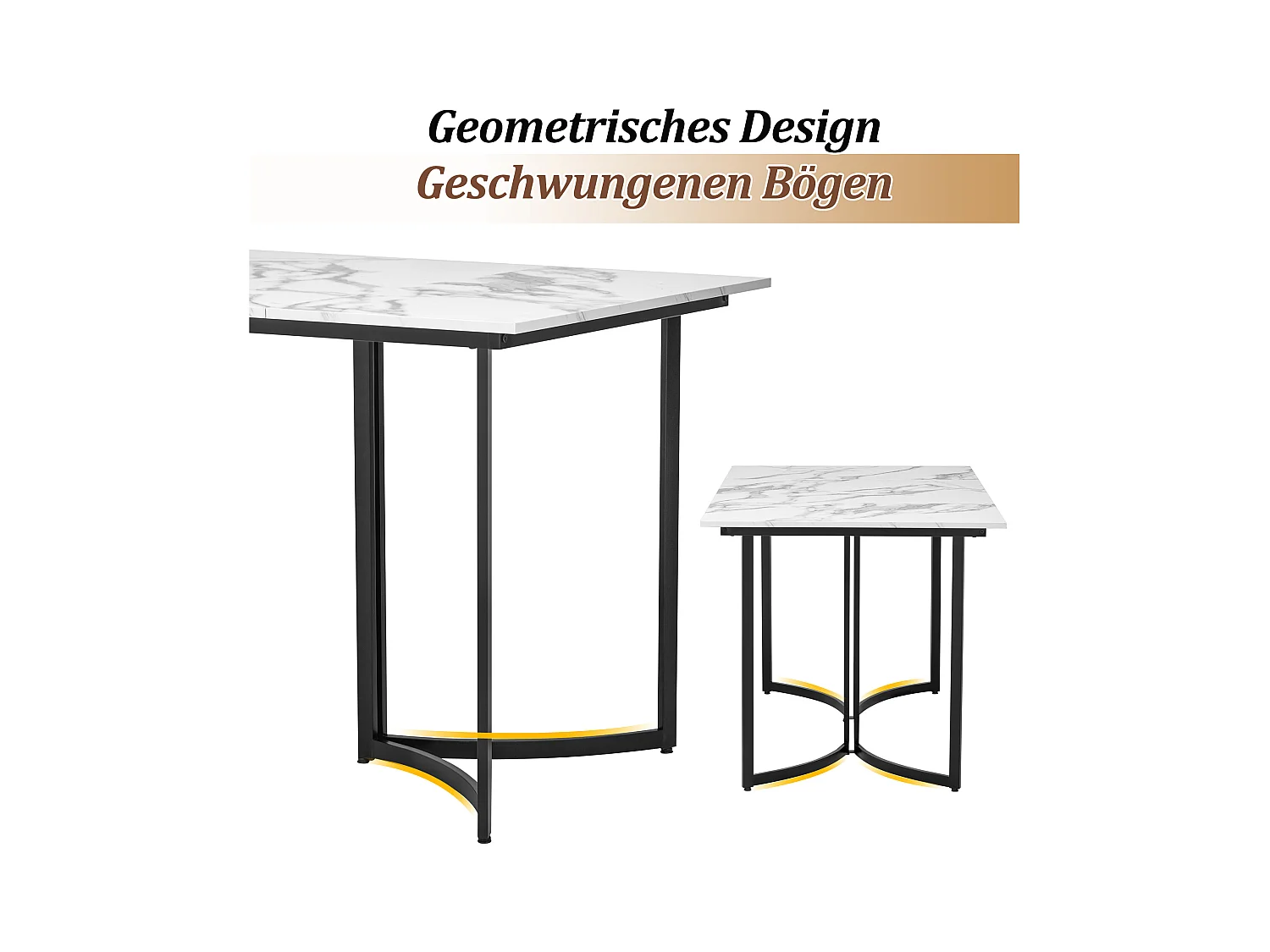 Table à manger moderne avec dessus en MDF effet marbre, pieds courbés en métal, pieds réglables, blanc et noir, 140x80x75.5 cm