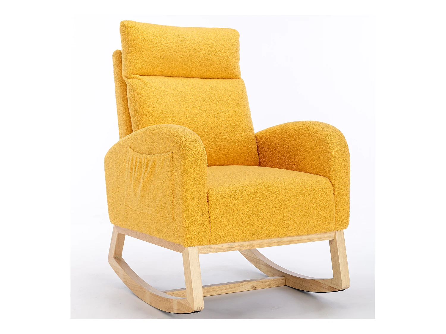 Moderna sedia a dondolo in tessuto felpato, braccioli imbottiti, con poggiapiedi retrattile, gialla (80x71x104,5 cm)