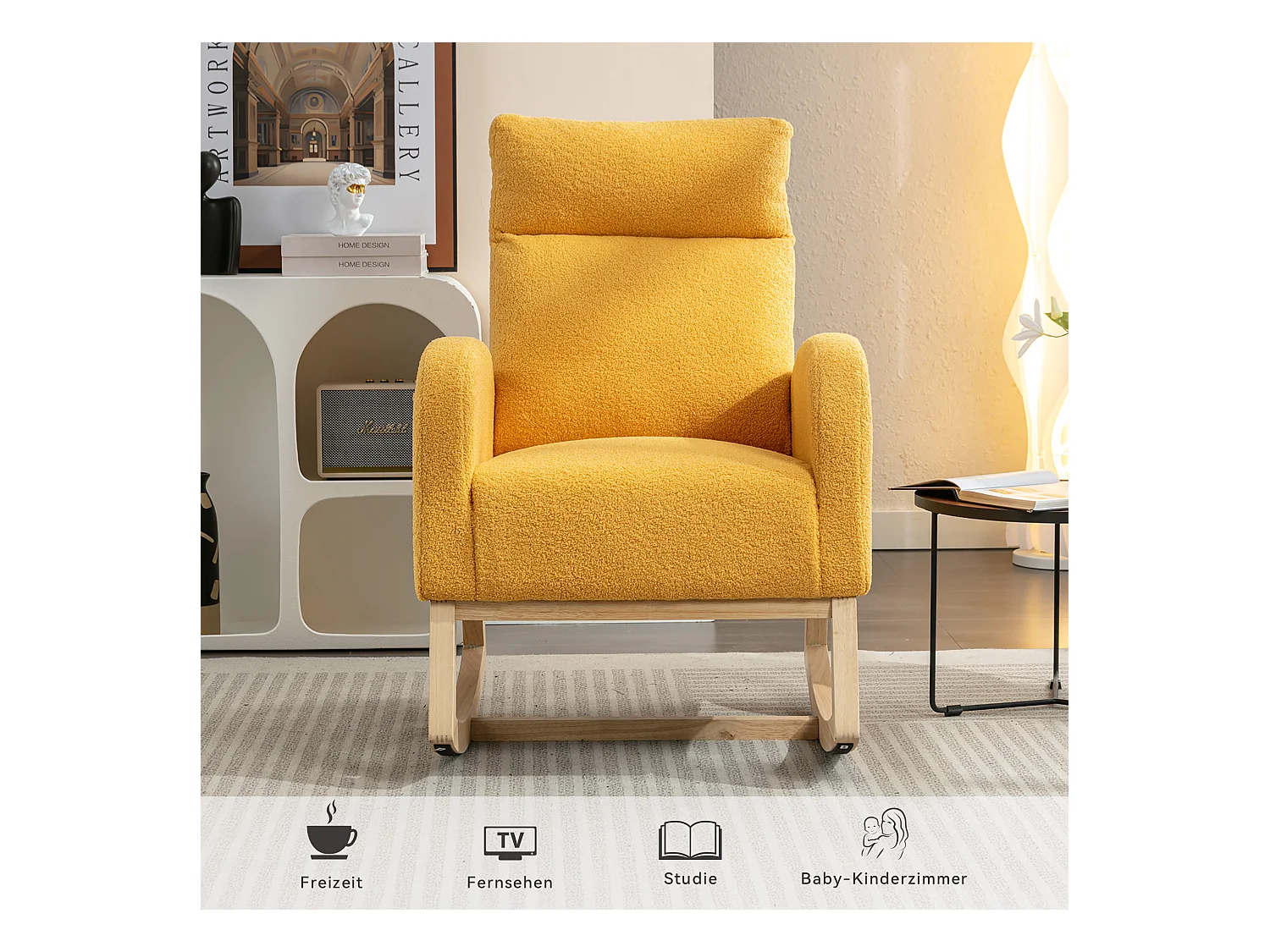 Moderna sedia a dondolo in tessuto felpato, braccioli imbottiti, con poggiapiedi retrattile, gialla (80x71x104,5 cm)