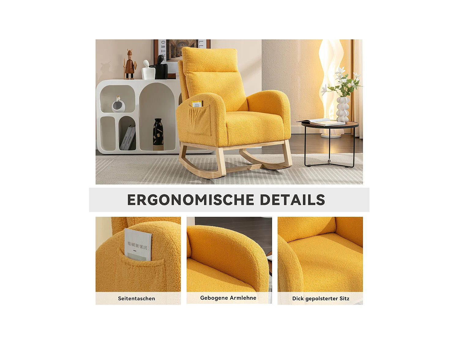 Moderna sedia a dondolo in tessuto felpato, braccioli imbottiti, con poggiapiedi retrattile, gialla (80x71x104,5 cm)